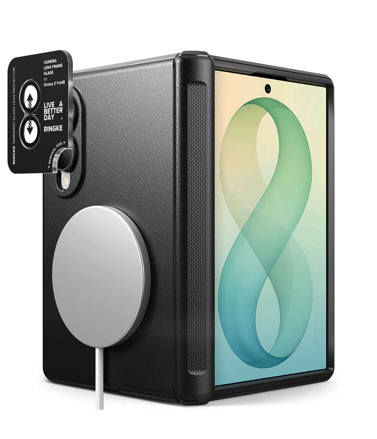 Galaxy Z Fold 8 Case | Onyx Flap Magnetic + Camera Protectors (2P) - A black protective phone case with a textured grip, shown fitted on a tablet. The case features a large circular MagSafe-compatible magnetic ring on the back and a small black camera lens protector with white text reading 'LIVE A BETTER DAY RINGKE' and camera icons.