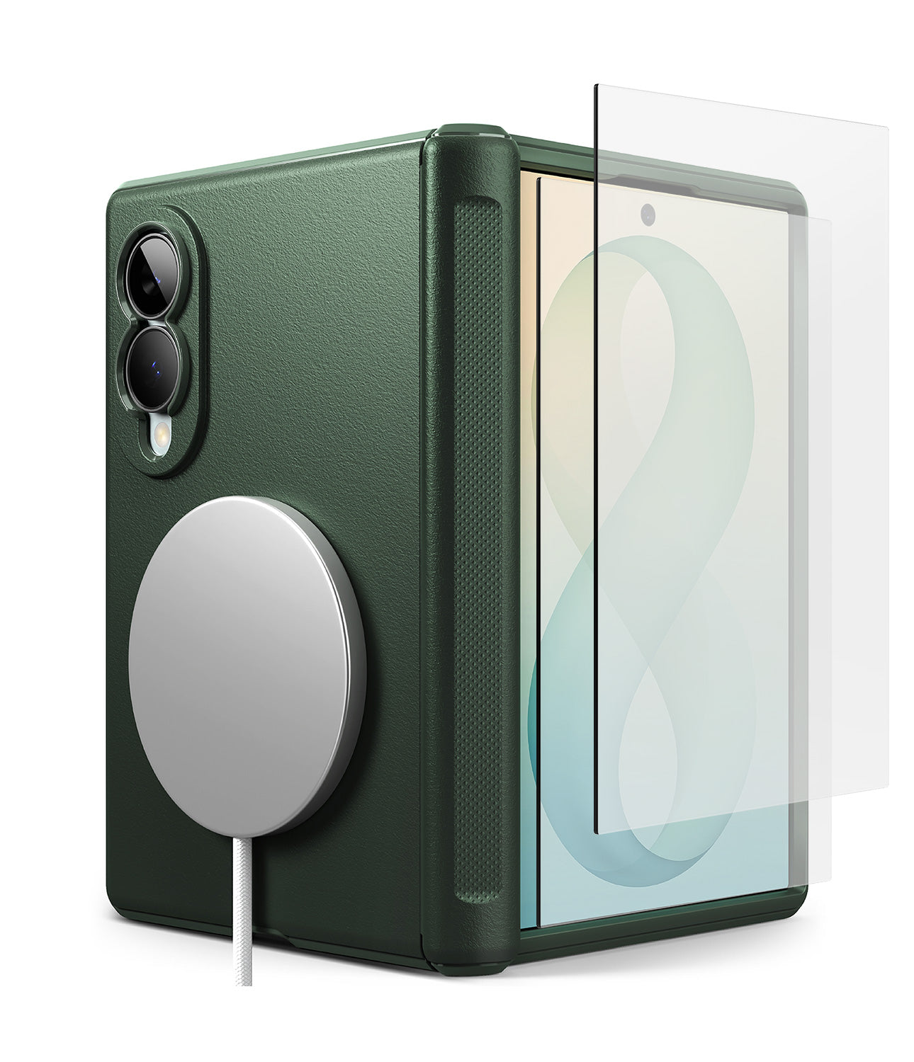 Galaxy Z Fold 8 Case | Onyx Flap Magnetic + Screen Protectors (2P) - A dark green protective phone case with a built-in circular MagSafe holder, shown next to a transparent screen protector on a white background.