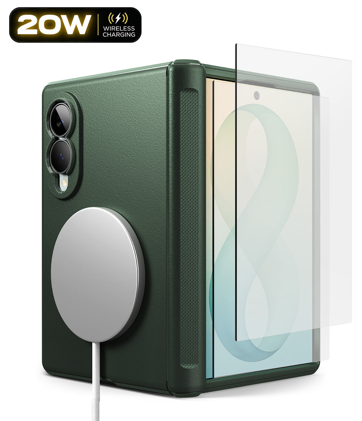 Galaxy Z Fold 8 Case | Onyx Flap Magnetic + Screen Protectors (2P) - A dark green protective phone case with a built-in circular MagSafe holder, shown next to a transparent screen protector on a white background.