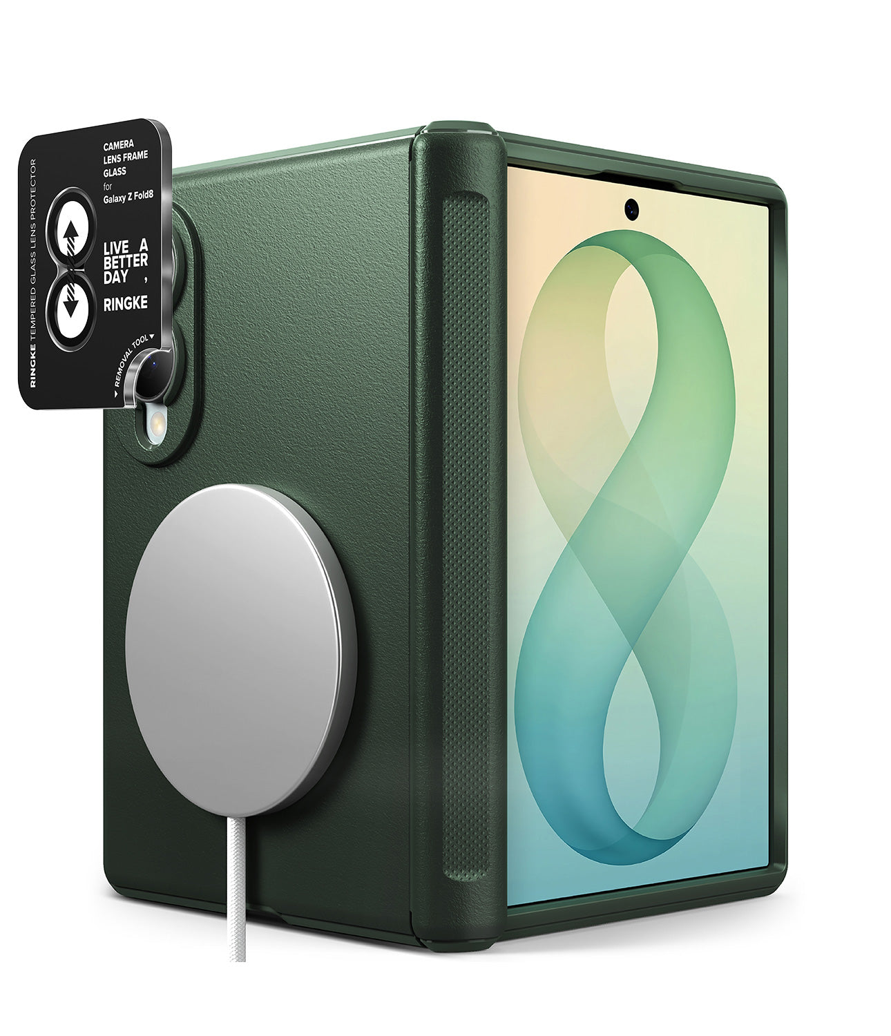 Galaxy Z Fold 8 Case | Onyx Flap Magnetic + Camera Protectors (2P) - A dark forest green rugged protective phone case with a built-in MagSafe-compatible magnetic ring and a small black camera lens protector, shown on a white background with a tablet inserted.