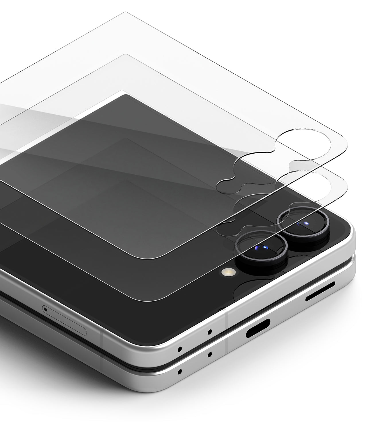 Galaxy Z Flip 8 Screen Protector | Cover Display Tempered Glass Pro (2 Pack) - Two clear tempered glass screen protectors shown partially covering a silver smartphone with a black screen, photographed on a clean white background.