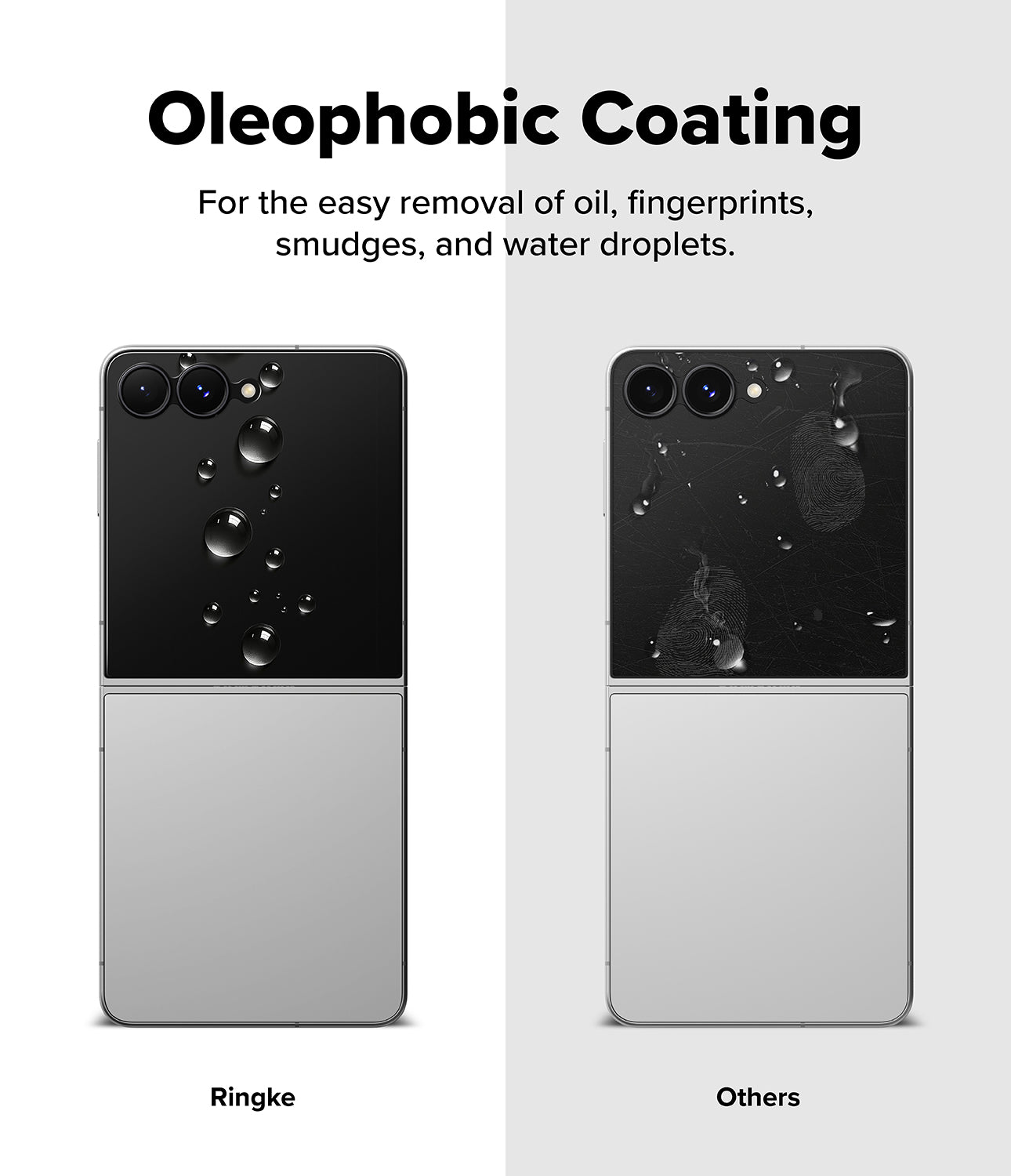 Galaxy Z Flip 8 Screen Protector | Cover Display Tempered Glass Pro (2 Pack) - A promotional comparison graphic for oleophobic coating on a foldable phone. The image shows two views of the same silver-and-black foldable phone on a light gray background, with text at the top reading 'Oleophobic Coating' and smaller explanatory copy.