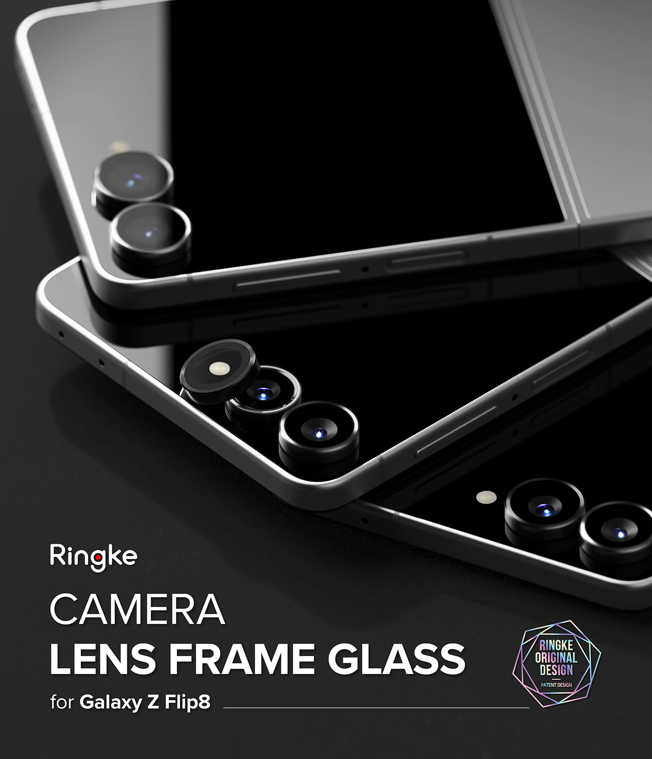Galaxy Z Flip 8 Camera Protector | Camera Lens Frame Glass (2 Pack) - Camera Lens Frame Glass - Silver smartphone with individual black lens protectors being applied.