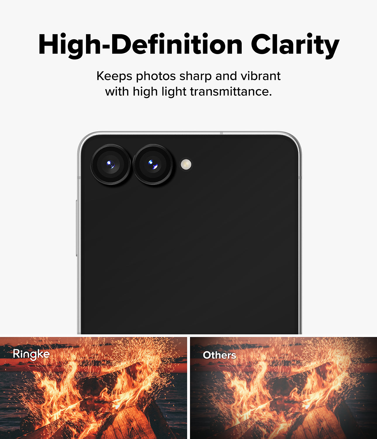 Galaxy Z Flip 8 Camera Protector | Camera Lens Frame Glass (2 Pack) - High-definition camera lens protector showing clear image quality with high light transmission compared to other protectors.