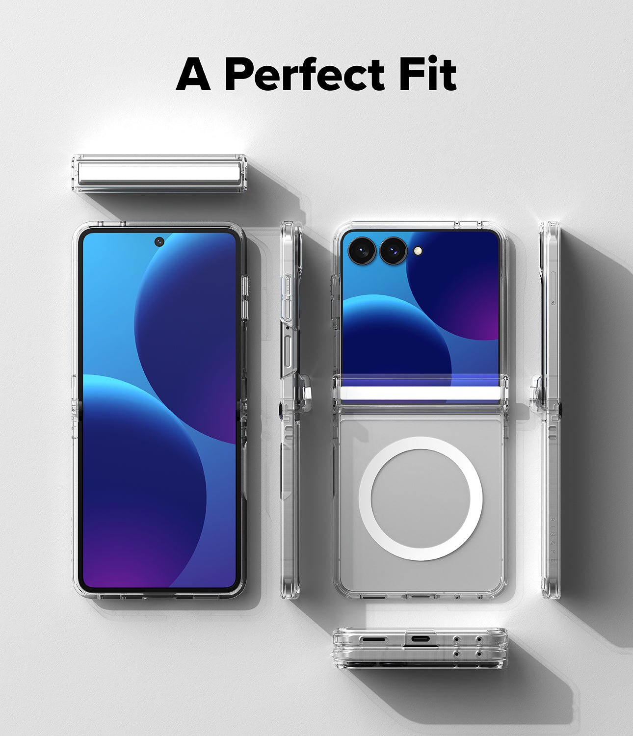 Galaxy Z Flip 8 Case | Fusion Flap Magnetic - A clear, transparent protective phone case shown on a smartphone from multiple angles, including front, back, and open clamshell views, with the text 'A Perfect Fit' at the top on a light gray background.