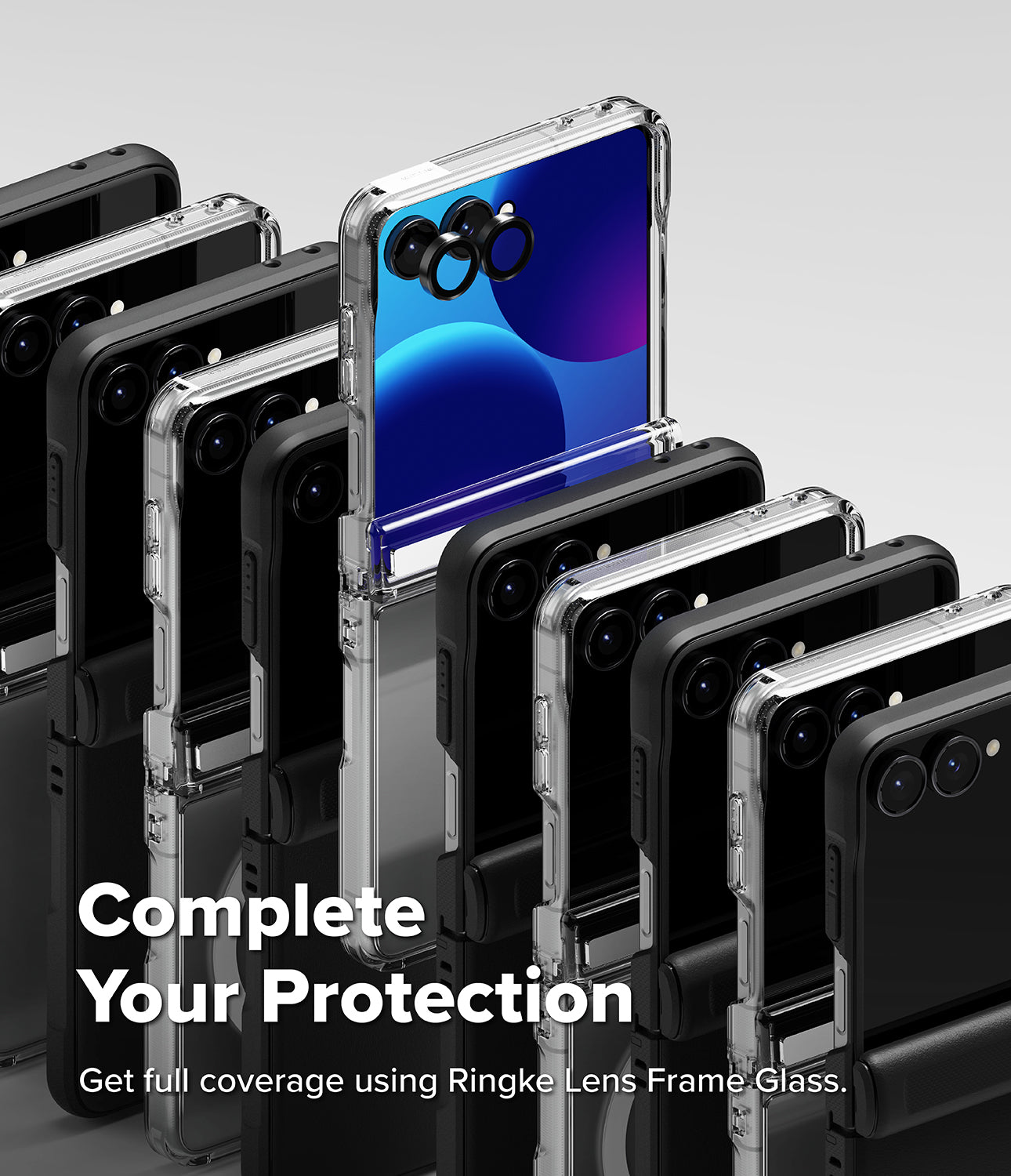 Galaxy Z Flip 8 Case | Fusion Flap Magnetic - A promotional render showing multiple smartphones in protective cases, with one central phone displaying a blue and purple screen and the text 'Complete Your Protection' and 'Get full coverage using Ringke Lens Frame Glass.'.
