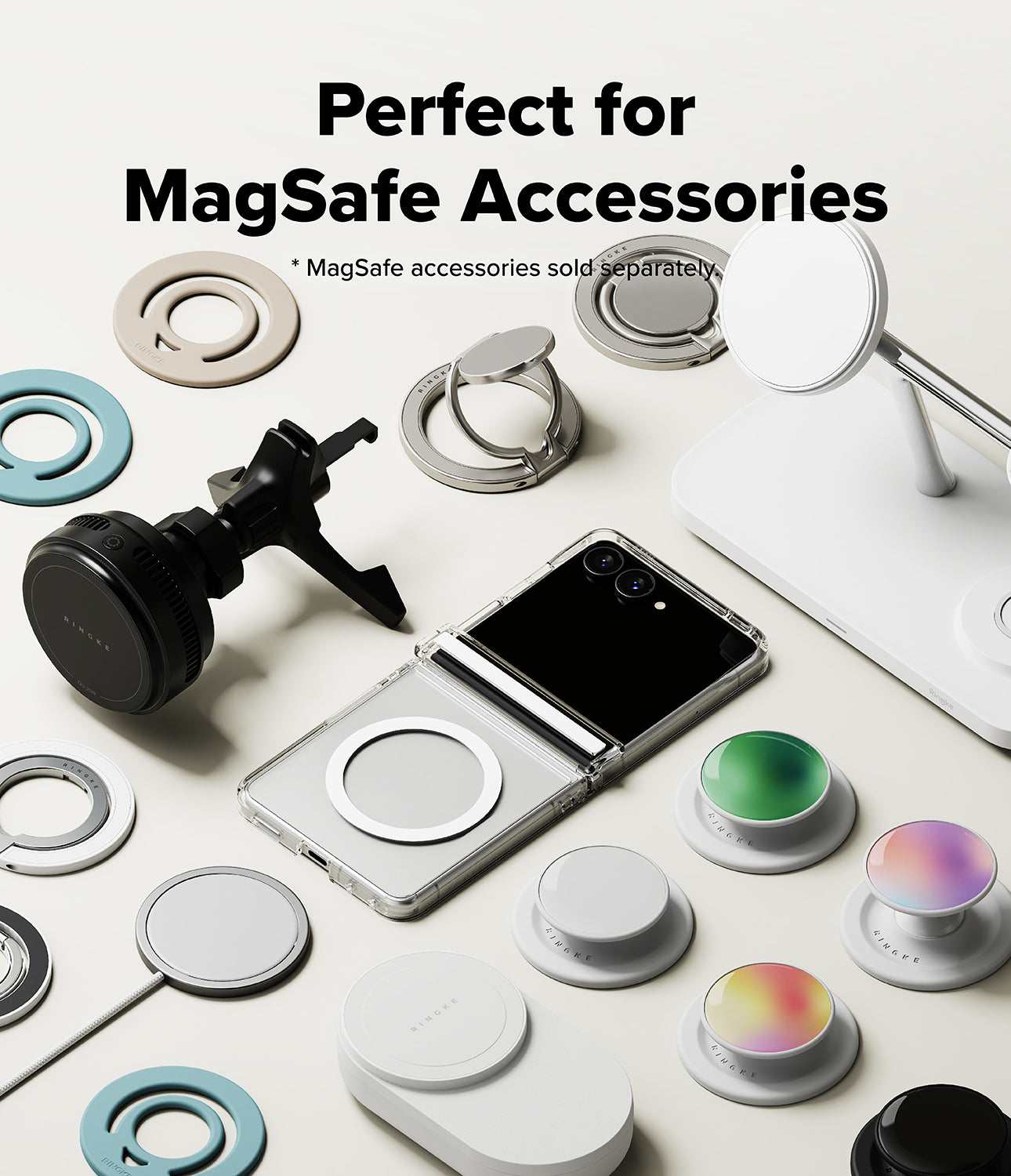 Galaxy Z Flip 8 Case | Fusion Flap Magnetic - A promotional flat lay showing MagSafe accessories arranged around a smartphone on a light neutral background, with text at the top reading 'Perfect for MagSafe Accessories' and a note that MagSafe accessories are sold separately.