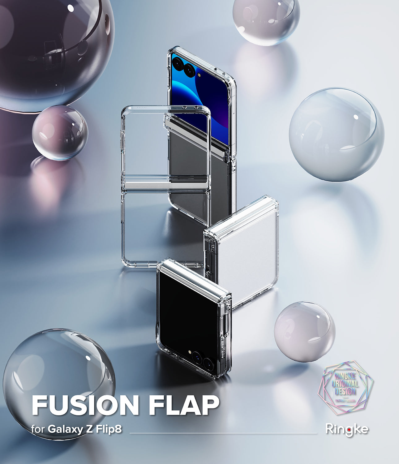 Galaxy Z Flip 8 Case | Fusion Flap - Clear transparent flip case for Samsung Galaxy Z Flip8 shown on a folded phone, with two views of the case standing around the phone on a reflective light blue studio background with floating glass spheres. Text reads 'FUSION FLAP for Galaxy Z Flip8' and 'Ringke' logo appears in the lower right.