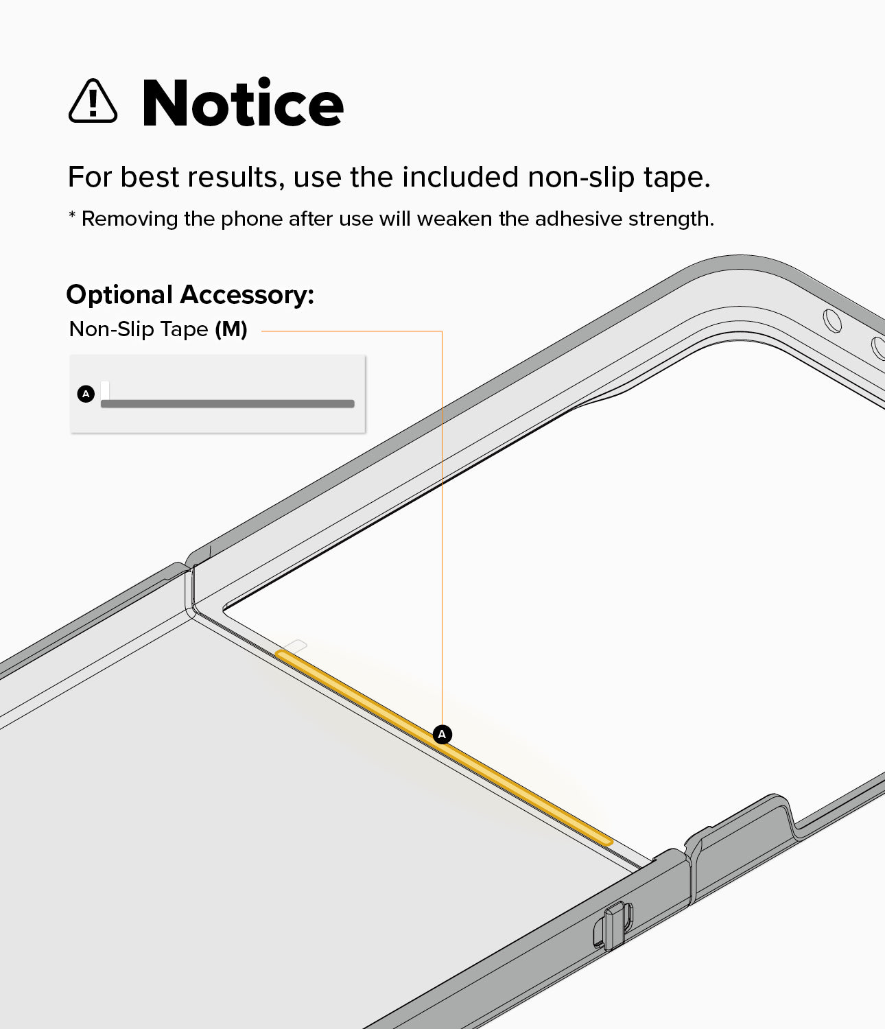 Galaxy Z Flip 8 Case | Fusion Flap - Instruction graphic showing a phone with a highlighted non-slip tape strip and text that says to use the included non-slip tape, plus an optional accessory indicator.
