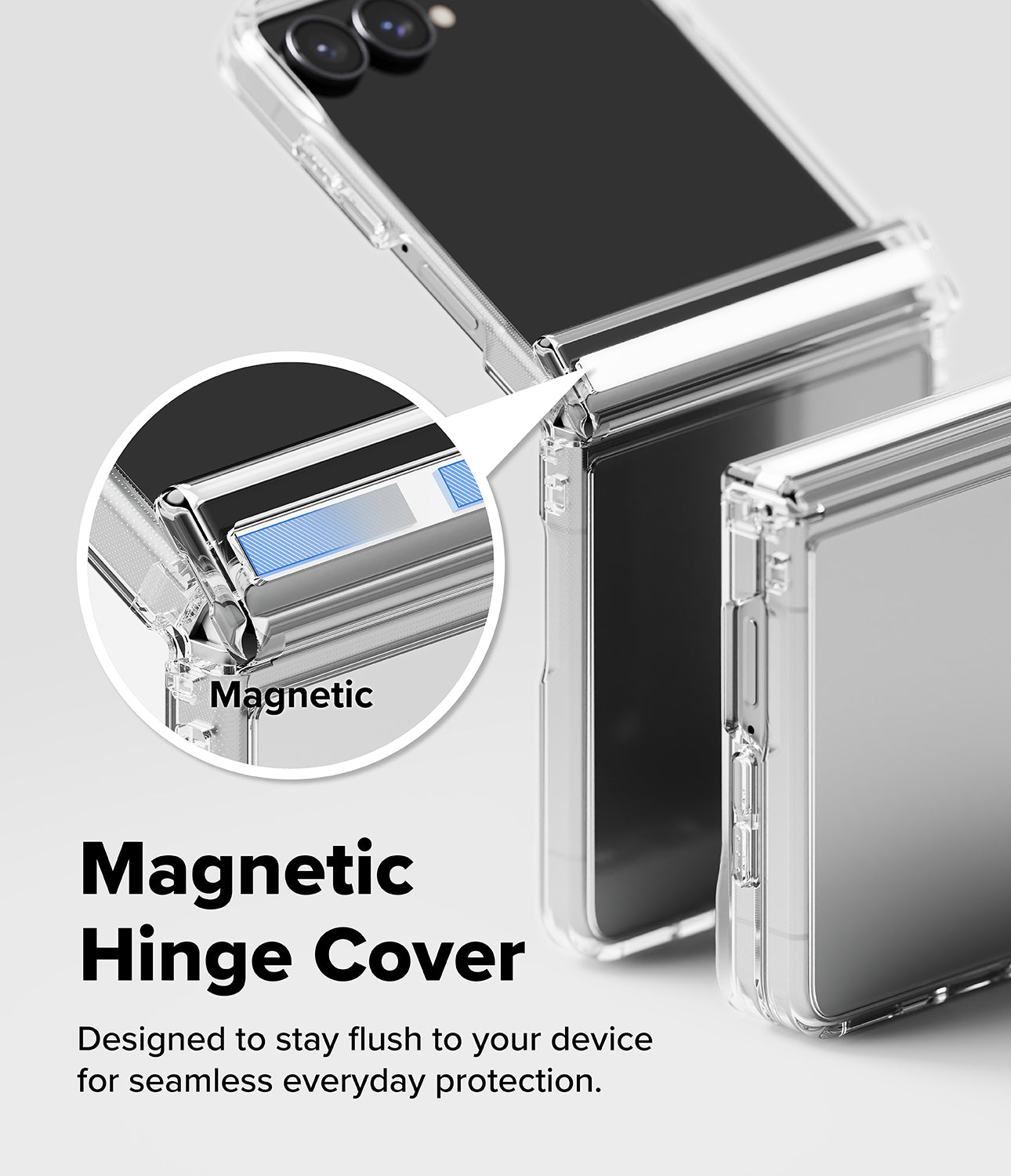 Galaxy Z Flip 8 Case | Fusion Flap - Transparent magnetic hinge cover shown on a foldable smartphone, with a circular inset highlighting the magnetic detail and text reading 'Magnetic Hinge Cover' on a light gray background.