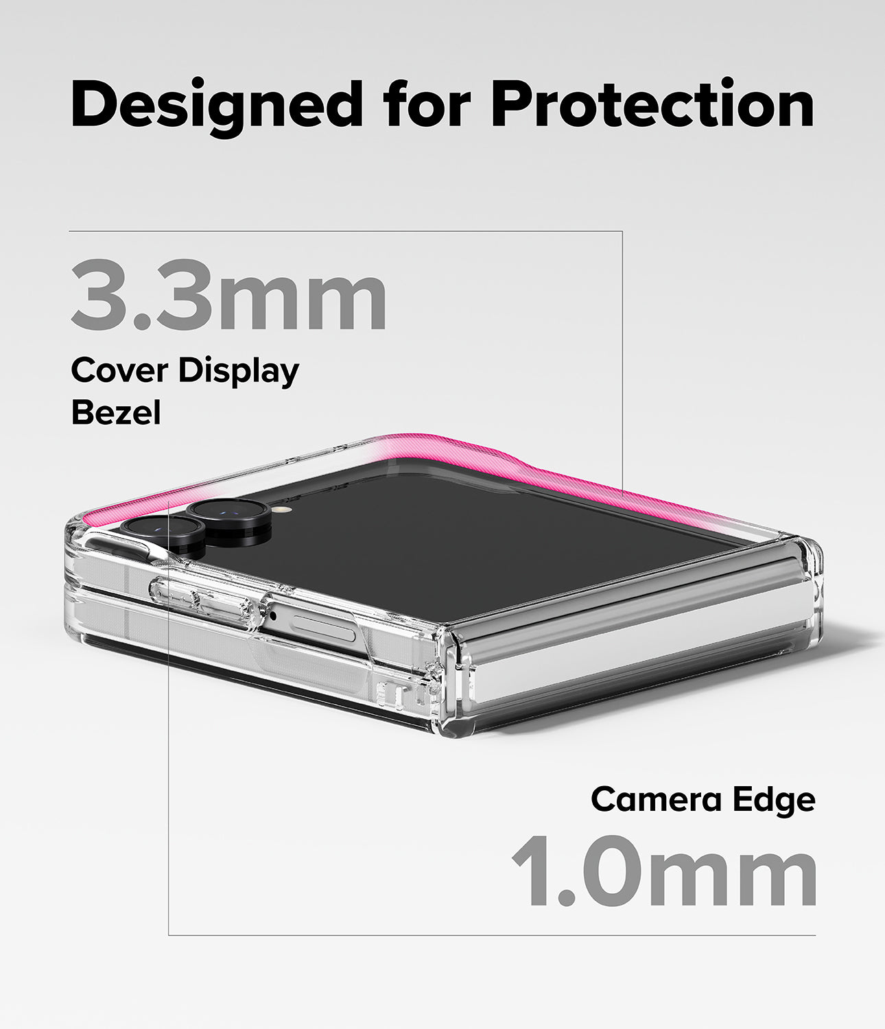 Galaxy Z Flip 8 Case | Fusion Flap - A clear phone case with a pink inner bumper shown around a folded smartphone on a light gray background. Text reads 'Designed for Protection,' '3.