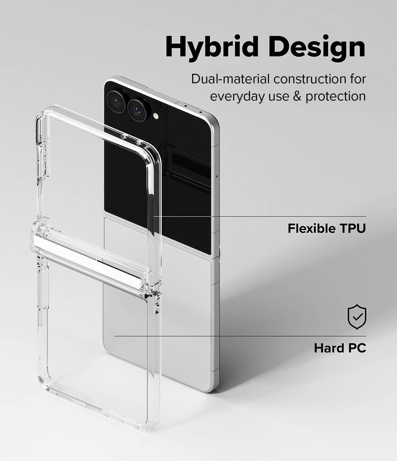 Galaxy Z Flip 8 Case | Fusion Flap - Clear hybrid phone case shown with a smartphone on a light gray background, with text reading 'Hybrid Design,' 'Flexible TPU,' and 'Hard PC' to explain the dual-material construction.