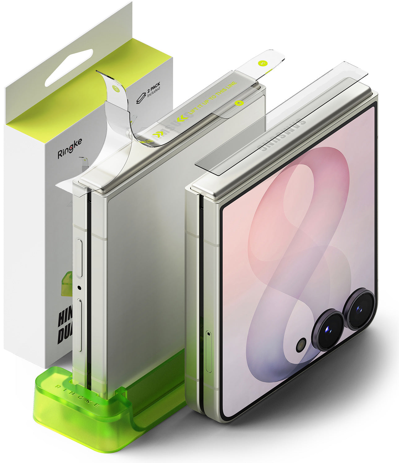 Galaxy Z Flip 8 Hinge Protector | Hinge Dual Easy Film (2 Pack) - A silver Ringke Hinge Duo foldable phone shown open with its packaging box and green stand on a white background.