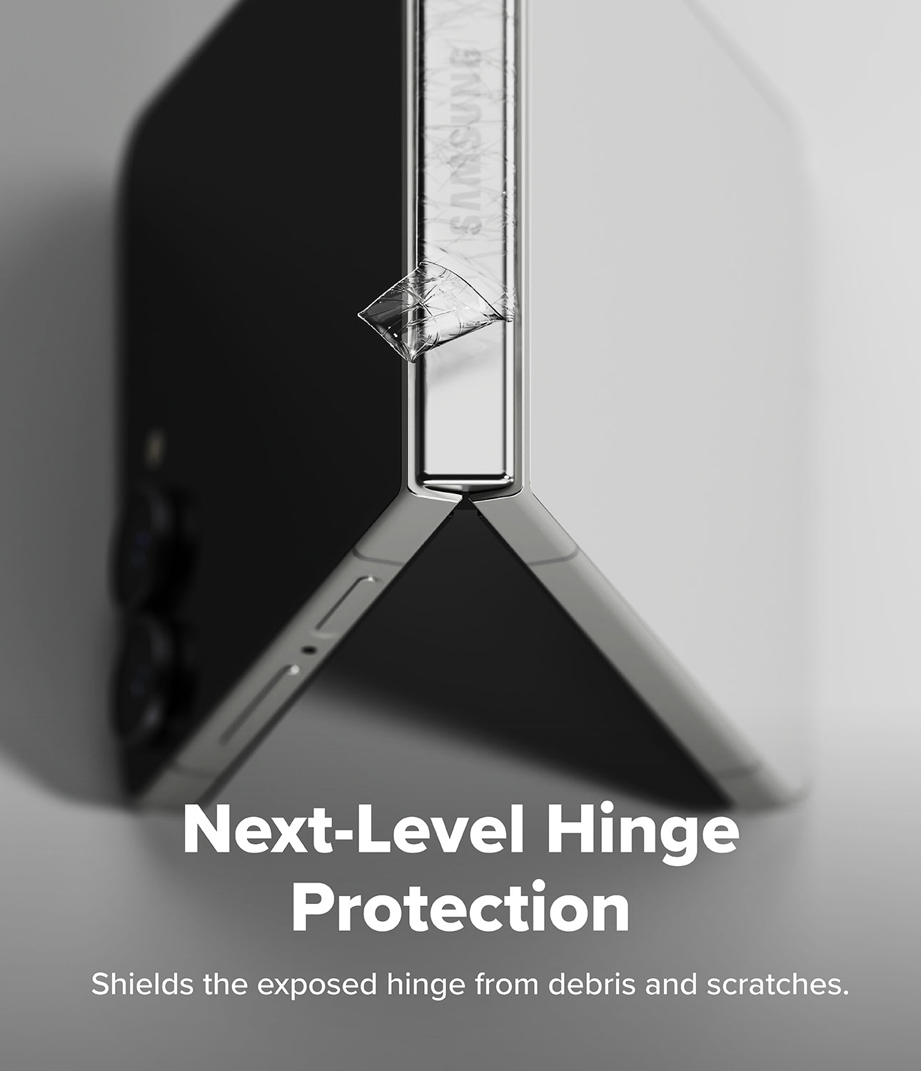 Galaxy Z Flip 8 Hinge Protector | Hinge Dual Easy Film (2 Pack) - Close-up of a foldable smartphone hinge with a transparent protective cover applied, overlaid with the text 'Next-Level Hinge Protection' and 'Shields the exposed hinge from debris and scratches.'.