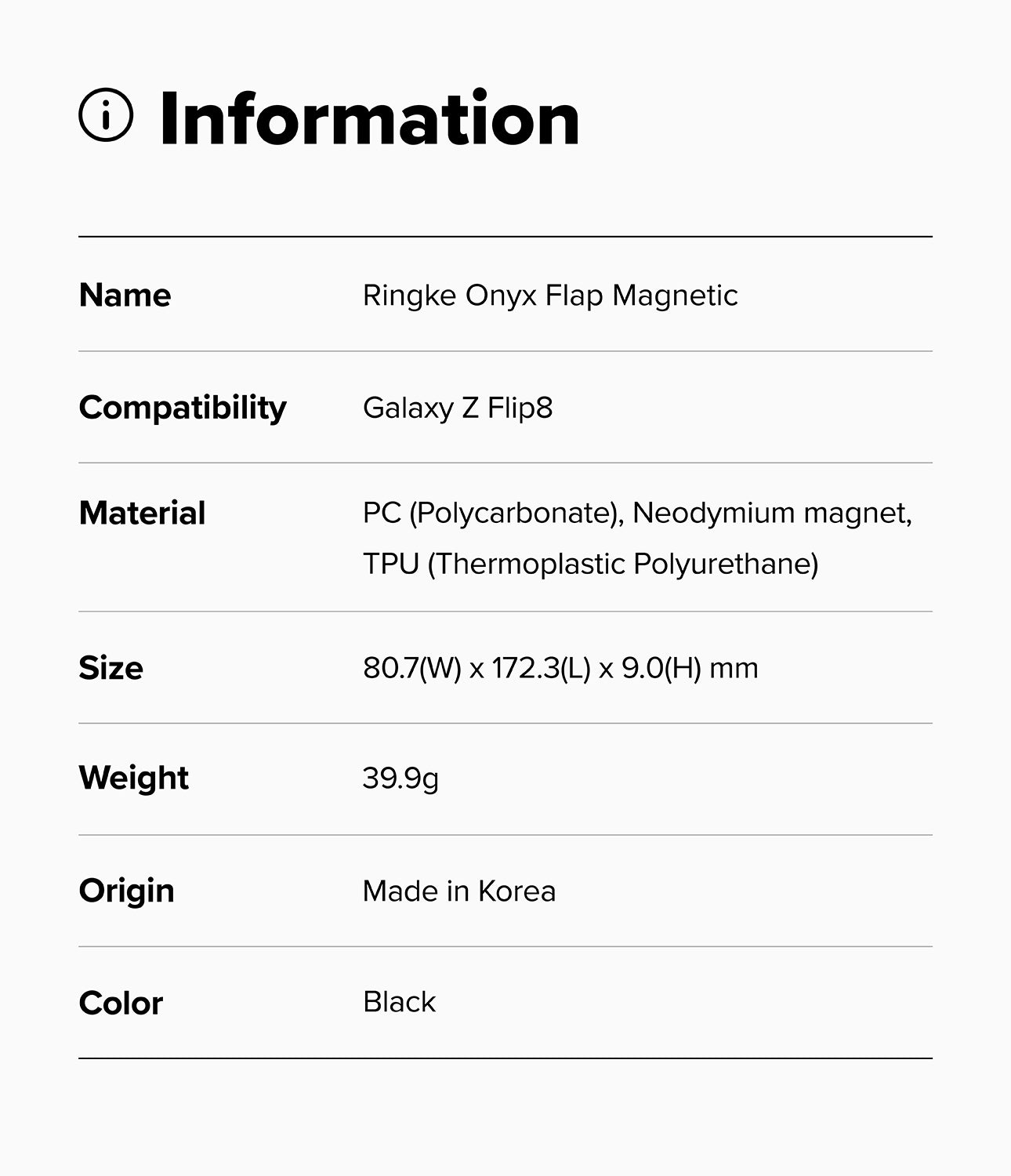 Galaxy Z Flip 8 Case | Onyx Flap Magnetic - A black and white specification sheet for the Ringke FusionX Magnetic, listing details such as compatibility with Xiaomi 17 Ultra, material composition, dimensions, weight, and origin.