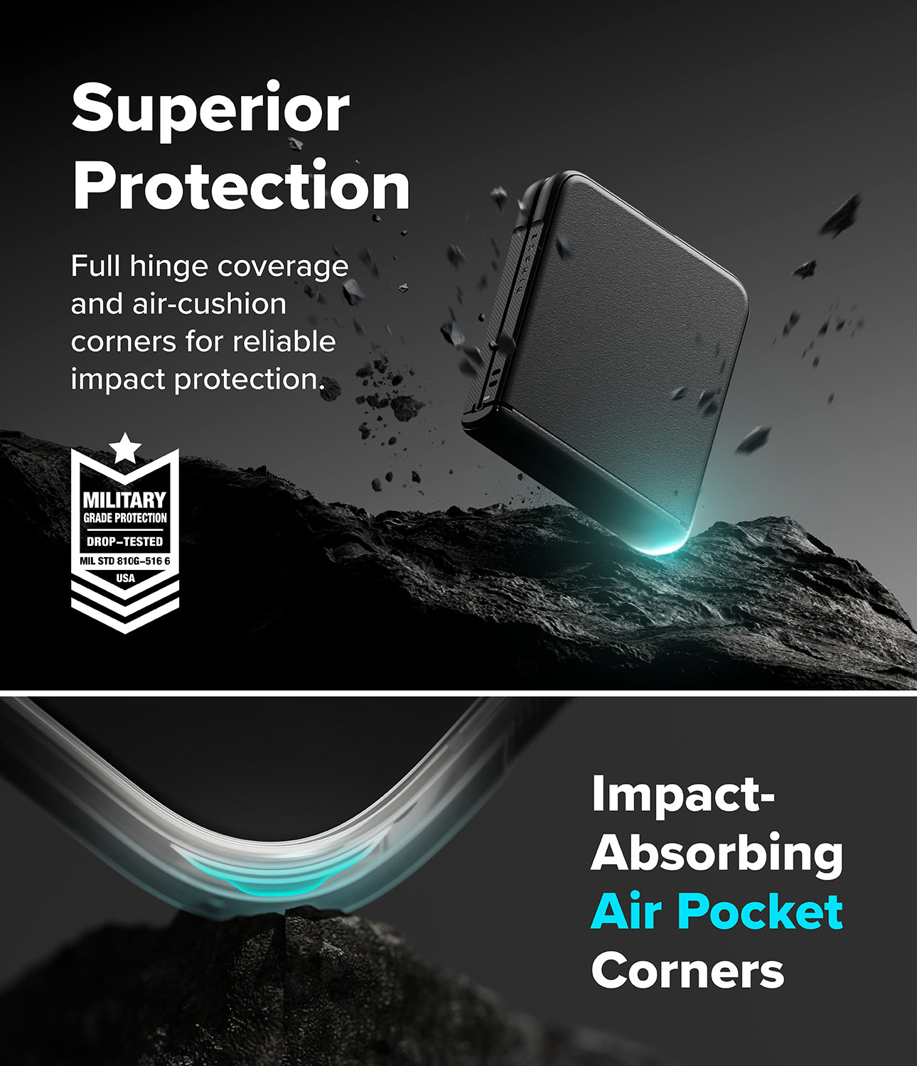 Galaxy Z Flip 8 Case | Onyx Flap Magnetic - Promotional graphic for a protective phone case with text reading 'Superior Protection' and 'Impact-Absorbing Air Pocket Corners.' The case is shown floating above dark rocks with debris effects, plus a close-up of a curved corner with a glowing teal air pocket.