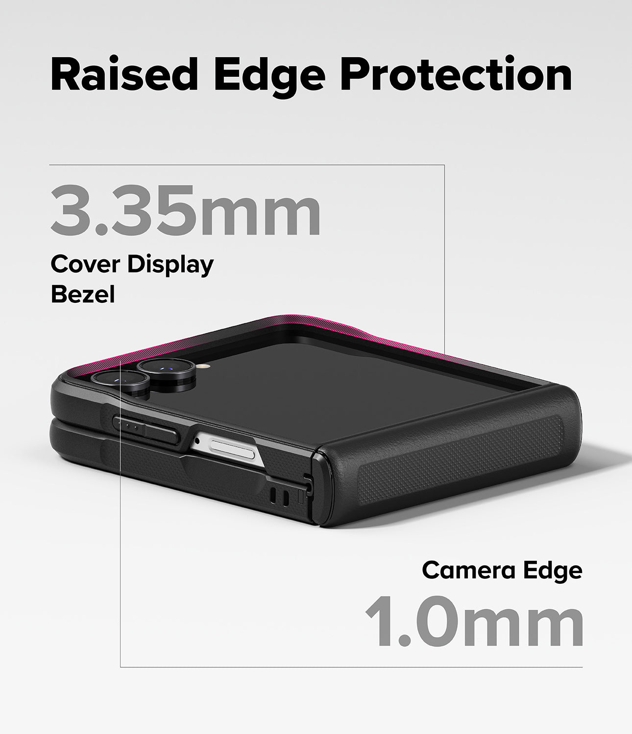 Galaxy Z Flip 8 Case | Onyx Flap Magnetic - A black phone case with a pink accent edge shown on a light gray background, with text highlighting raised edge protection: 3.35mm for the cover display bezel and 1.