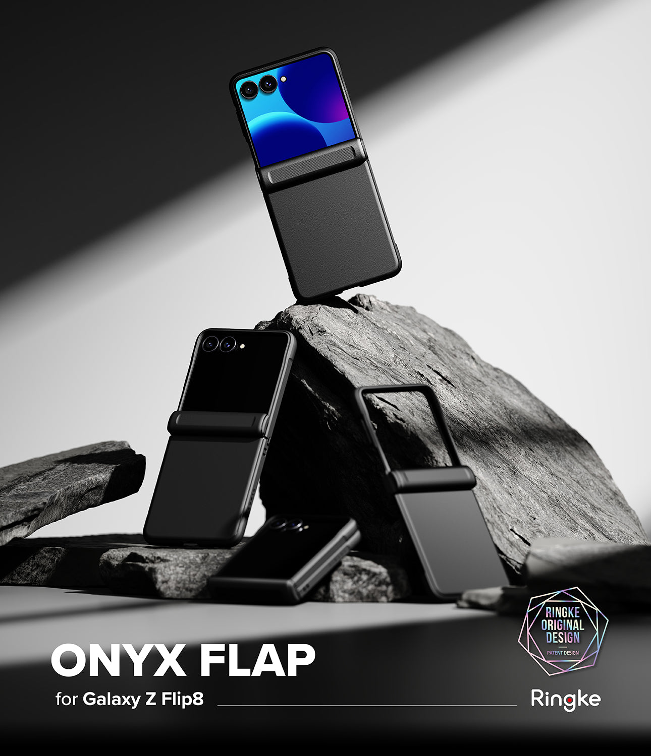 Galaxy Z Flip 8 Case | Onyx Flap - Three black Ringke Onyx Flap cases for Samsung Galaxy Z Flip8 are displayed in a dramatic studio setup with dark rocks. The top case is open, showing a blue and purple screen, while the other two are closed.