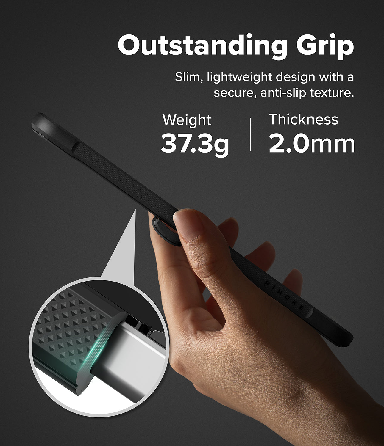 Galaxy Z Flip 8 Case | Onyx Flap - A hand holds a slim black phone case against a dark gray background, with marketing text reading 'Outstanding Grip' and feature callouts for weight 37.3g and thickness 2.