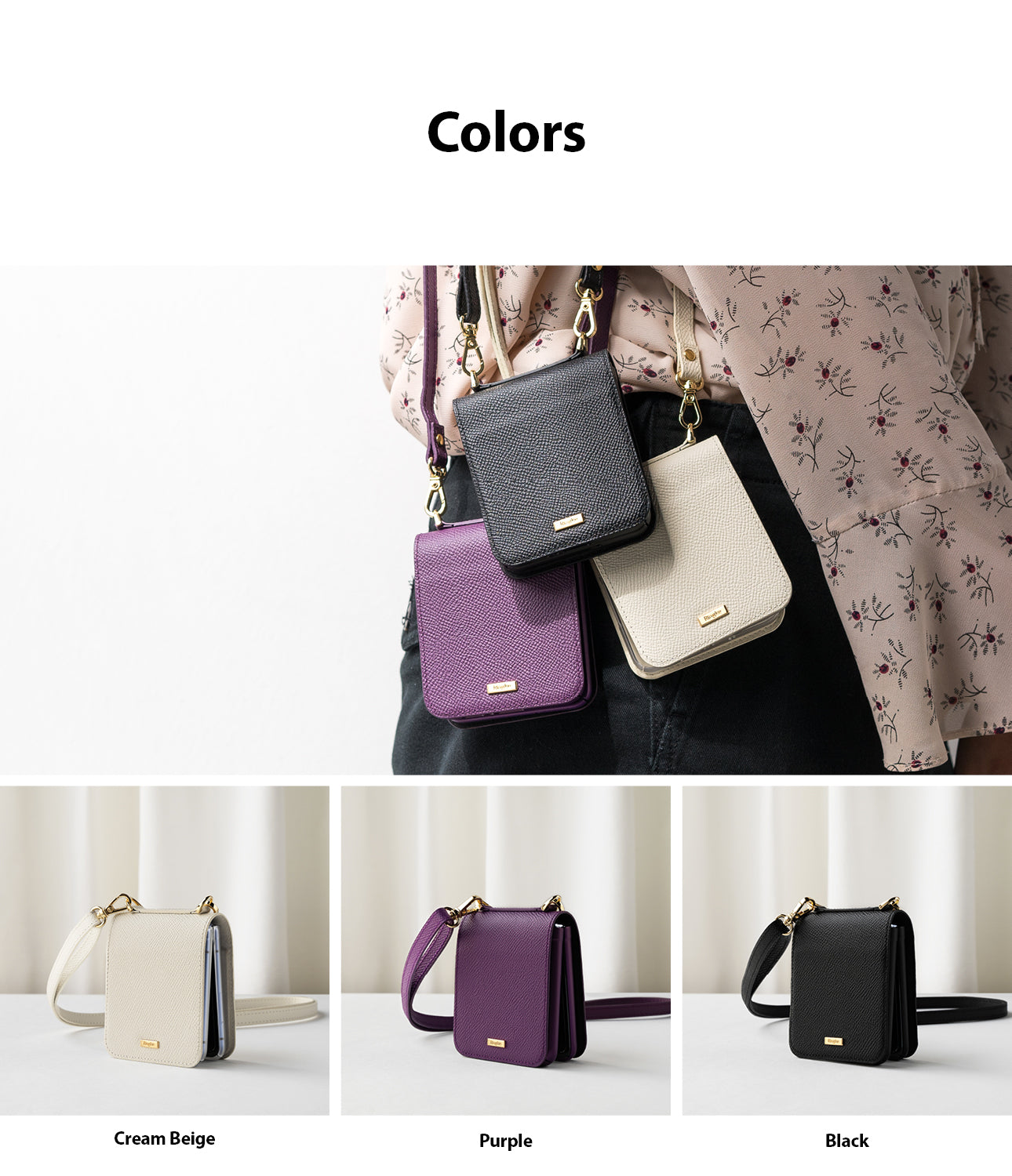 available in black, cream beige, purple