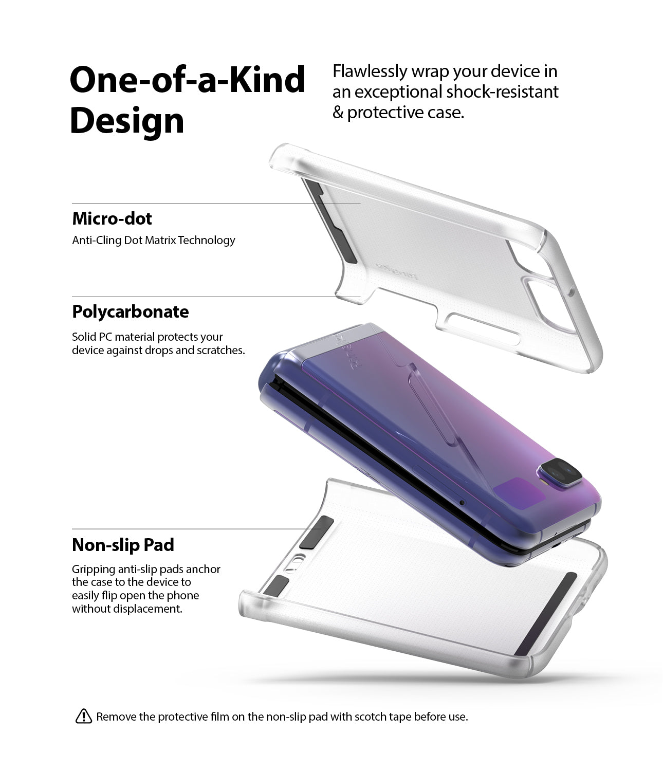 samsung galaxy z flip case made with polycarbonate for protection and added microdot to prevent case clinging to the phone