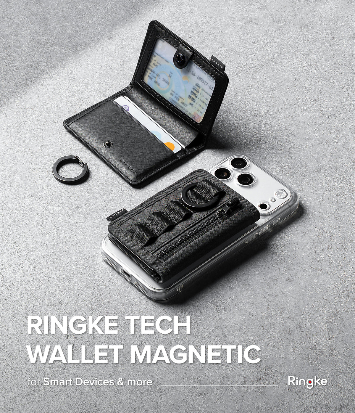 Wallet | Tech Magnetic - Black Ringke Tech magnetic wallet case shown with a smartphone and a separate ring strap on a textured gray background, with product text at the bottom.