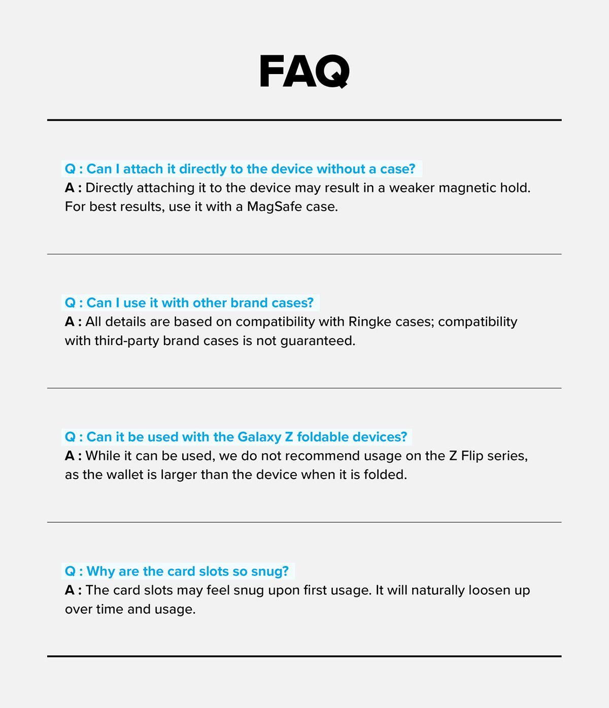 Wallet | Tech Magnetic - A FAQ informational graphic with the heading 'FAQ' at the top and four question-answer sections about MagSafe compatibility, device compatibility, and card slot depth on a light gray background.