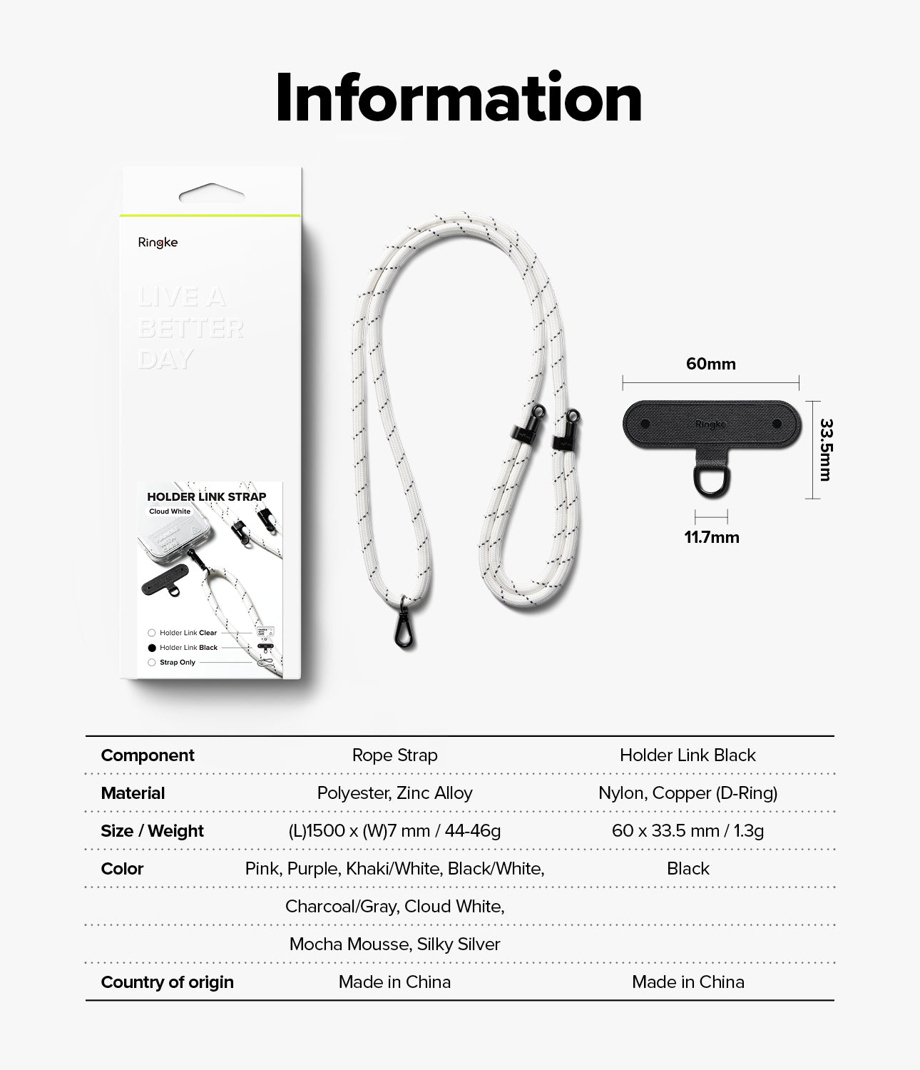 Holder Link Strap | Black - White rope strap with black accents, black holder link, and a technical specification table.
