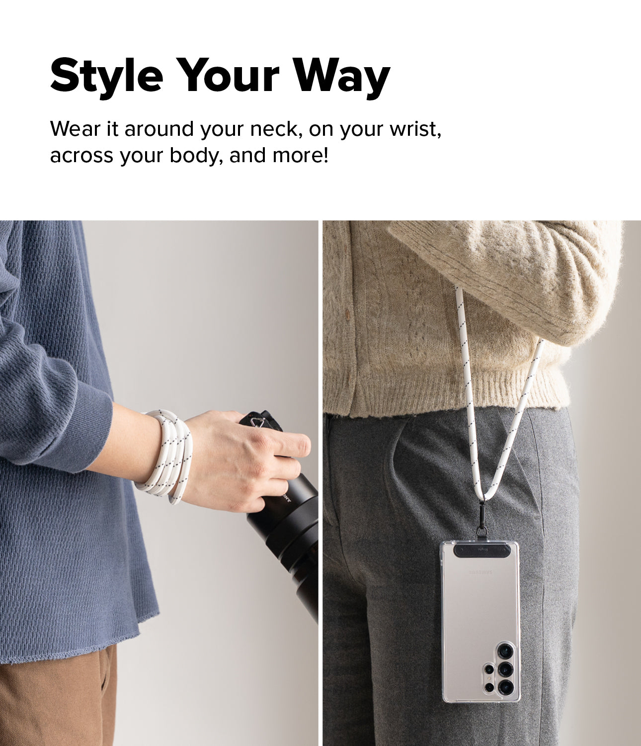 Holder Link Strap | Black - A white rope strap worn around a wrist and as a neck lanyard for a smartphone.