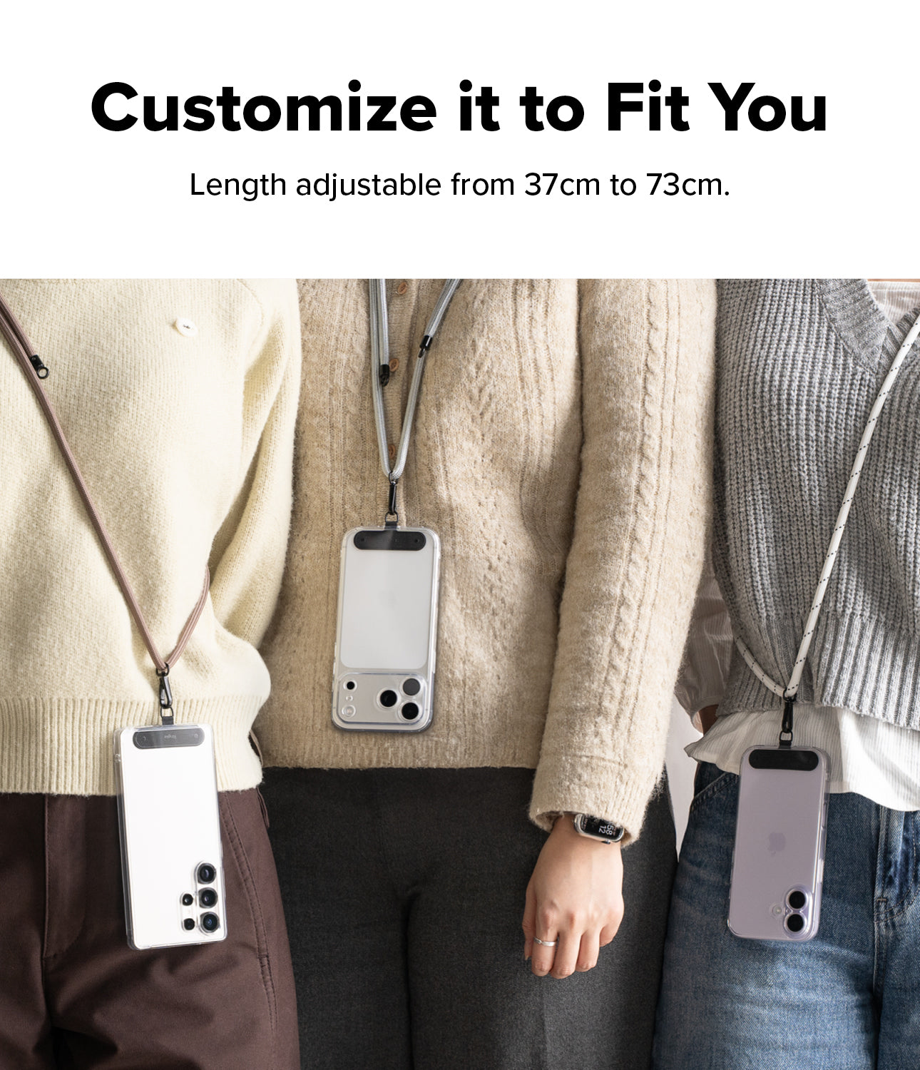 Holder Link Strap | Black - Three people wearing smartphones on adjustable crossbody straps over casual sweaters.