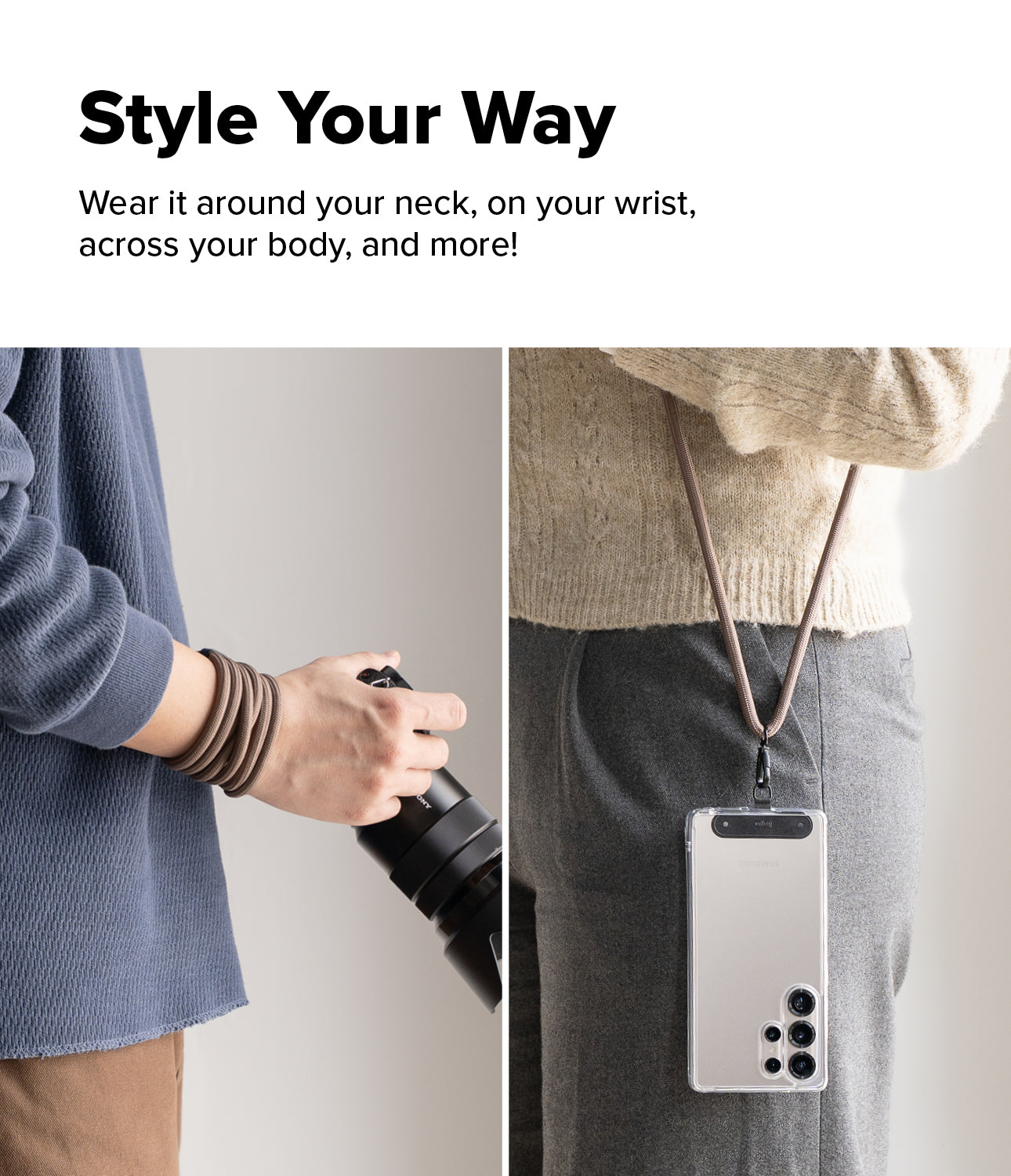 Holder Link Strap | Black - A split view showing a brown strap worn as a wristband and as a crossbody phone lanyard.