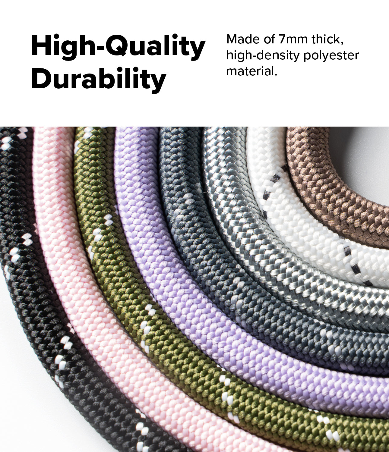 Holder Link Strap | Black - Close-up of colorful, braided 7mm high-density polyester rope straps arranged in a semi-circle.