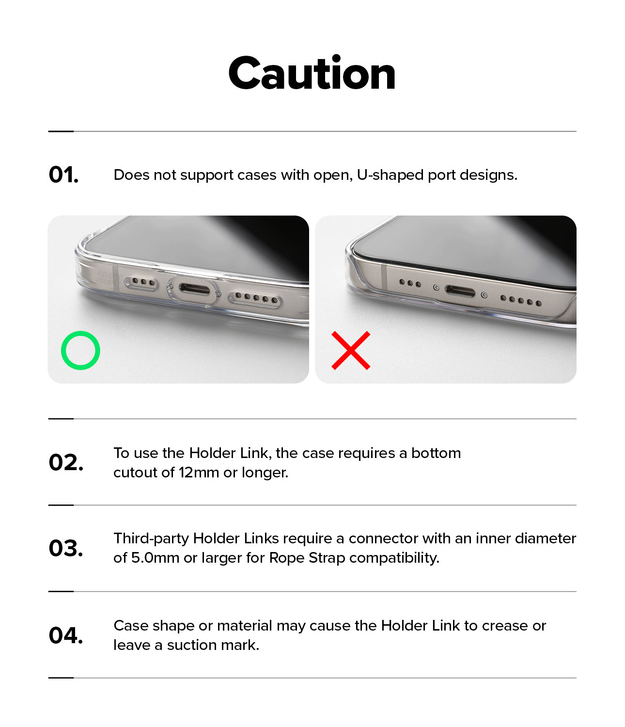 Holder Link Strap | Black - Caution guide showing compatible and incompatible phone case port designs with text instructions.