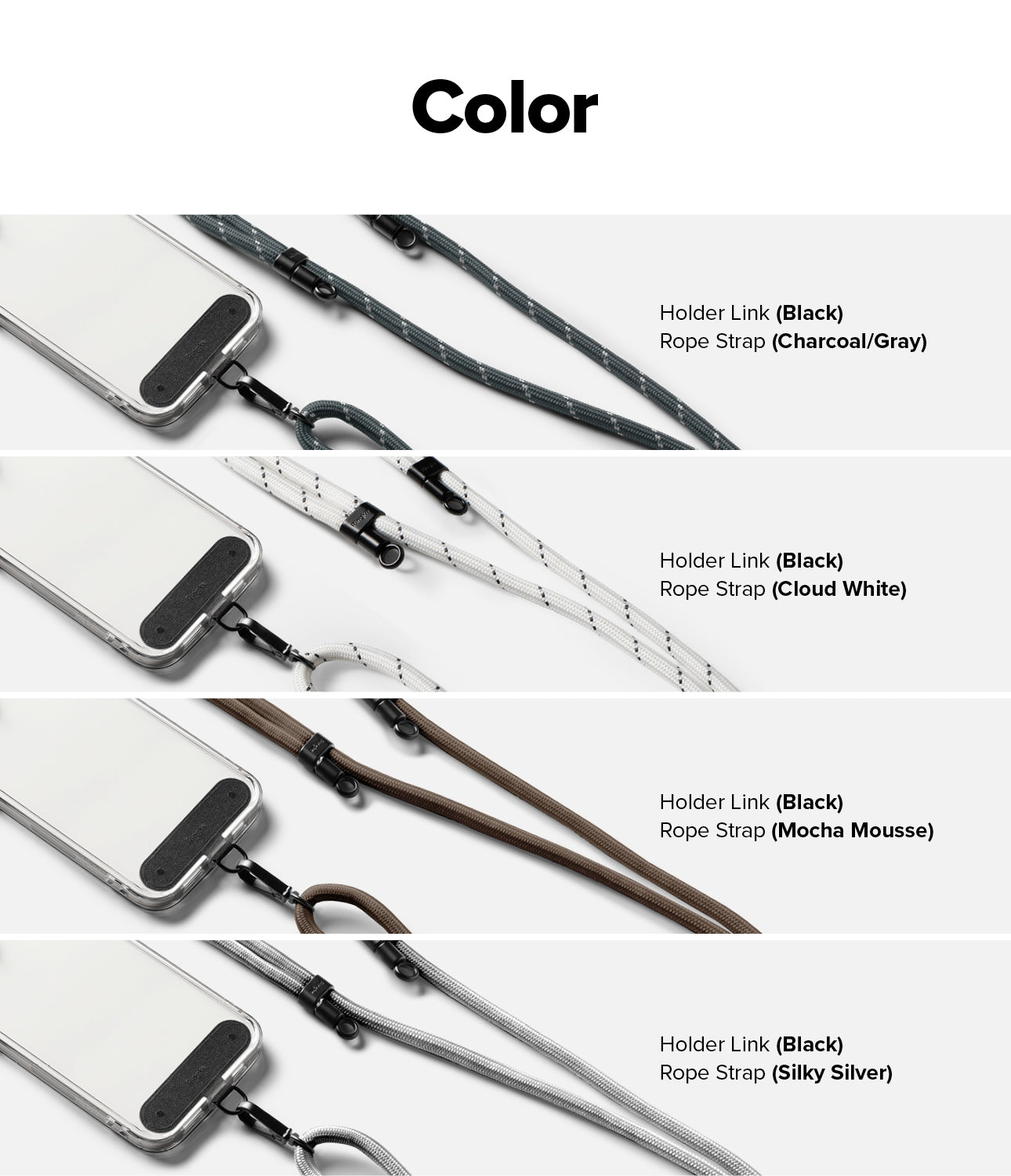 Holder Link Strap | Black - Four phone cases with black holder links attached to charcoal, white, brown, and silver rope straps.