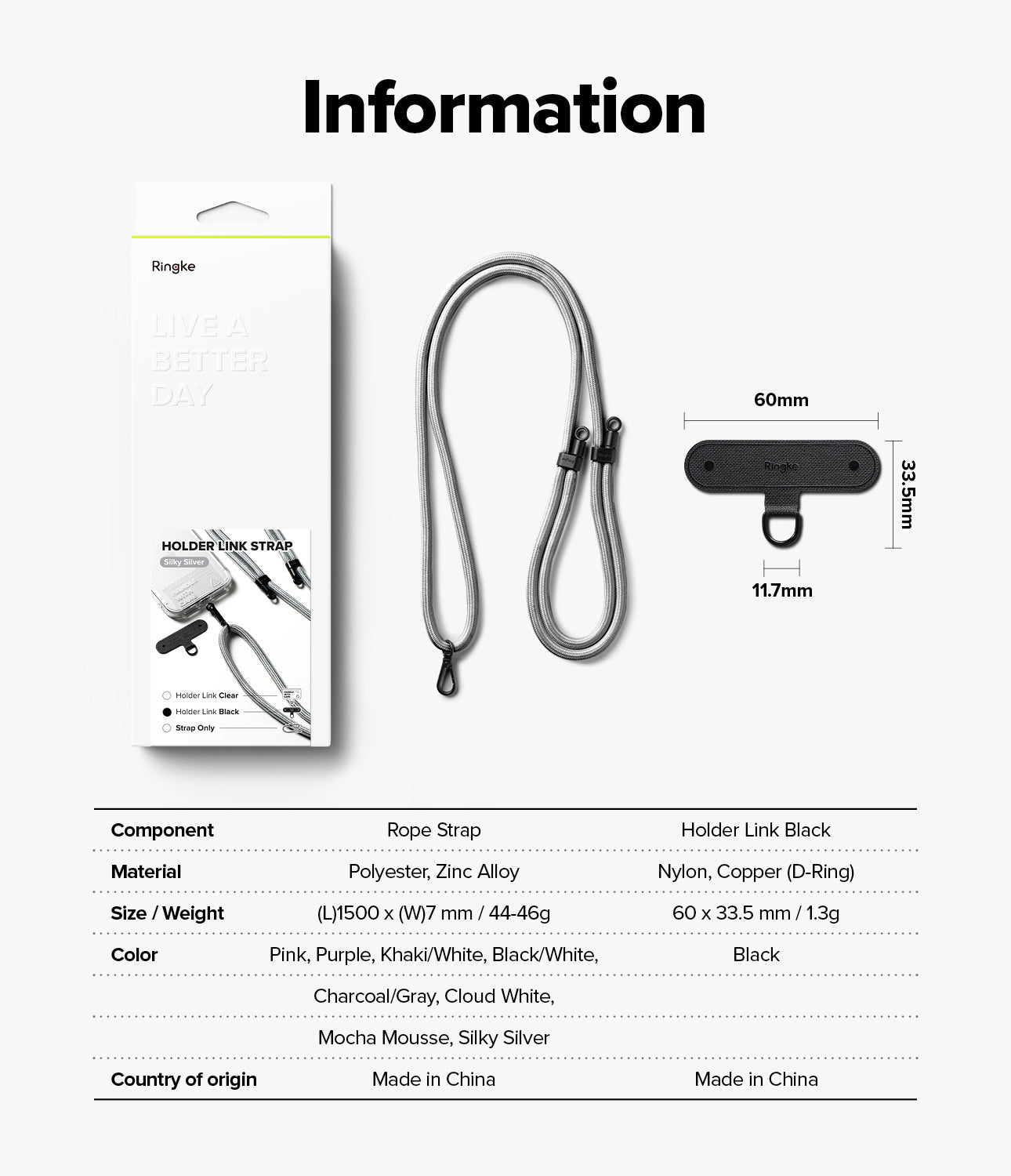 Holder Link Strap | Black - Product packaging, silver rope strap, and black holder link with dimensions and specifications table.