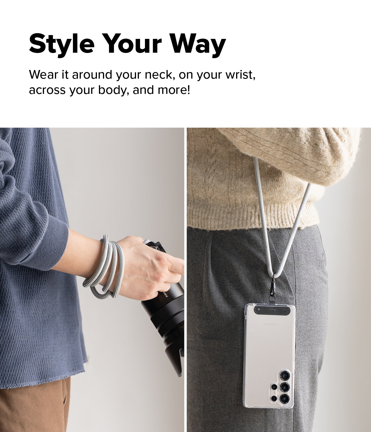 Holder Link Strap | Black - A grey rope strap worn as a wristband and as a crossbody phone lanyard.