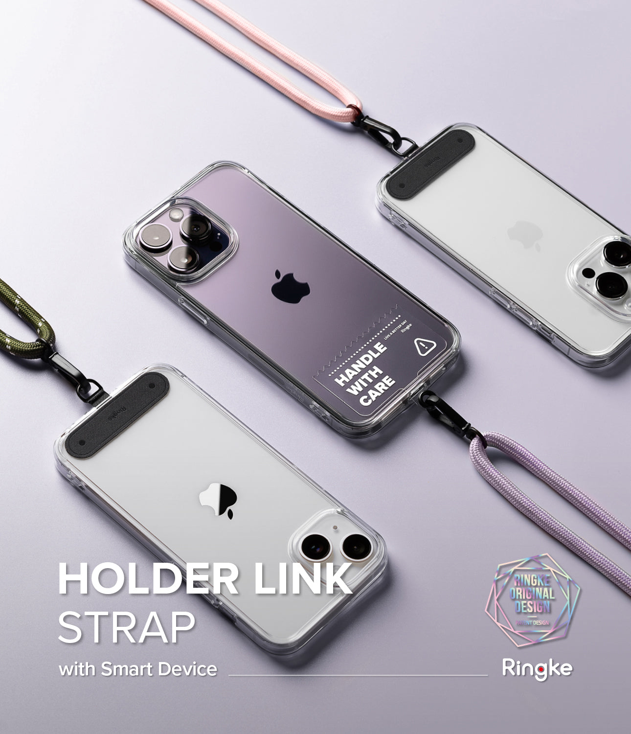 Holder Link Strap | Black - Three smartphones in clear cases attached to colorful fabric lanyards on a light purple background.