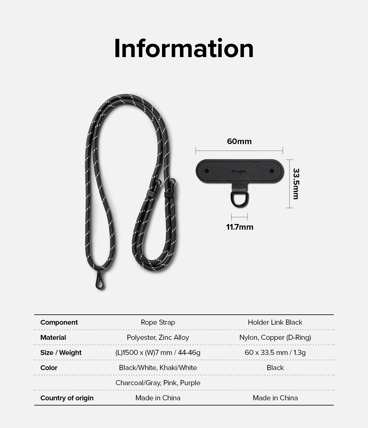 Holder Link Strap | Black - Black rope strap and link component with technical dimensions and material specifications table.