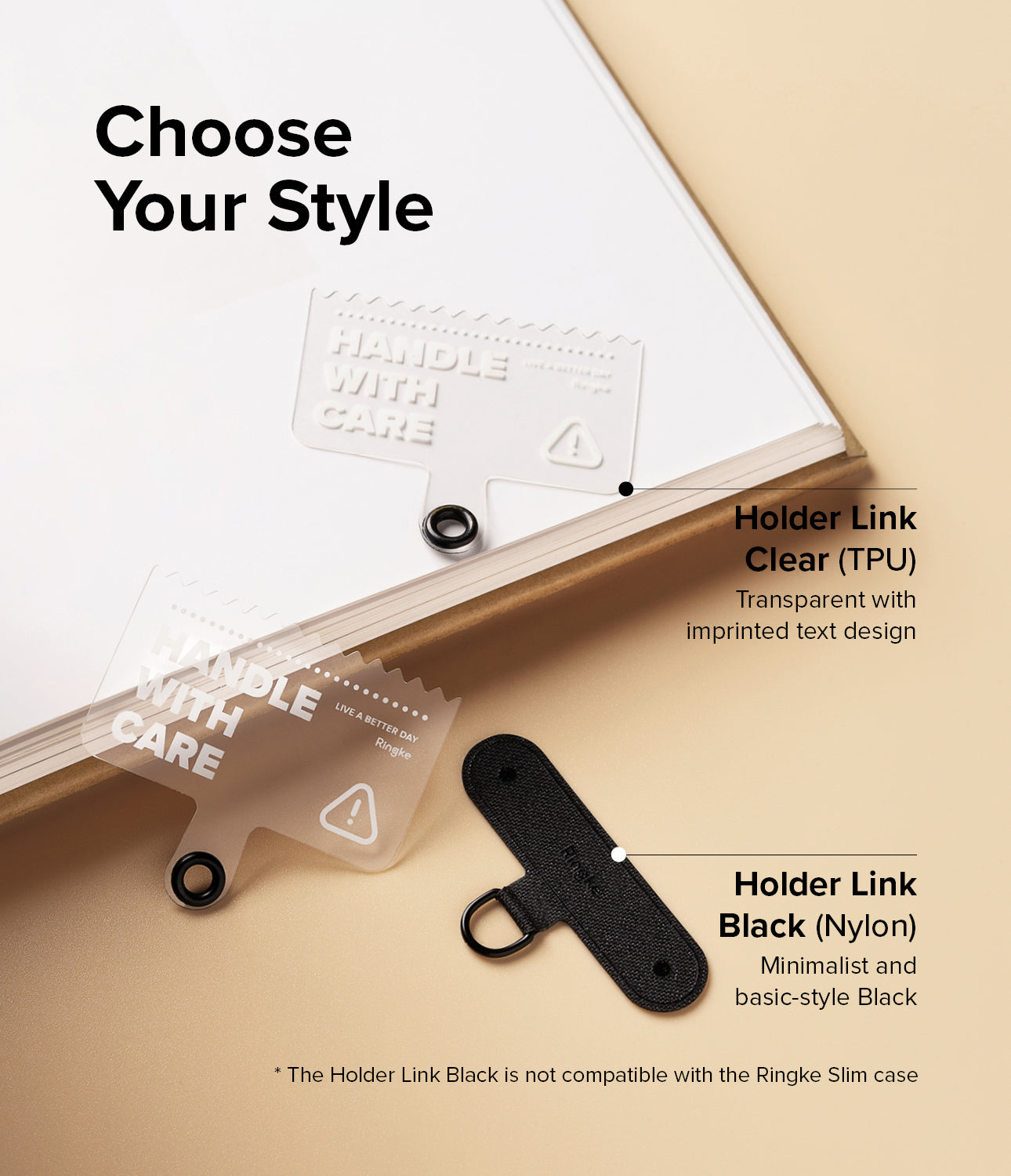 Holder Link Strap | Black - Comparison of clear TPU and black nylon phone strap holders on a beige background.