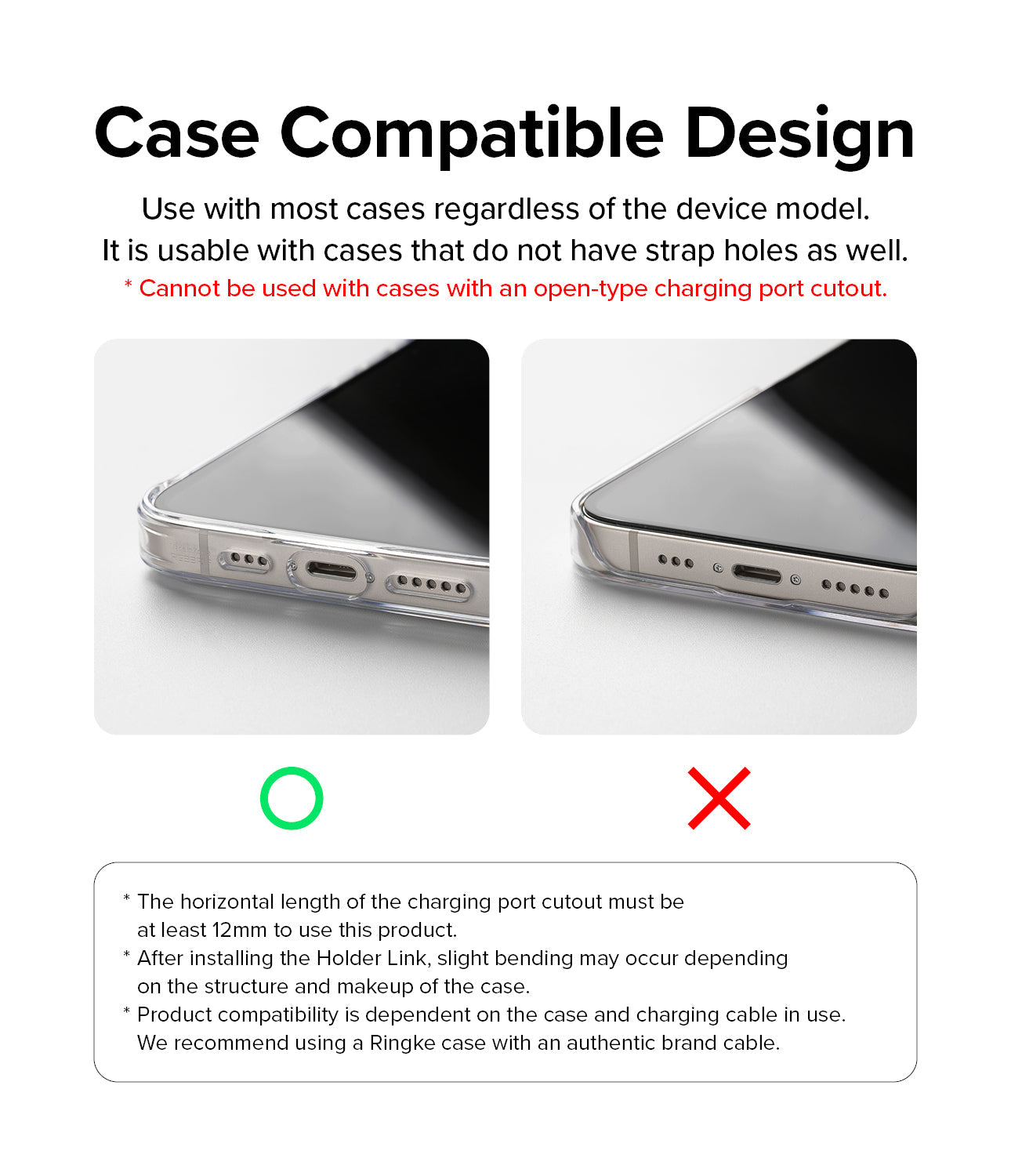 Holder Link Strap | Black - Comparison of phone case charging port cutouts showing compatible and incompatible styles.