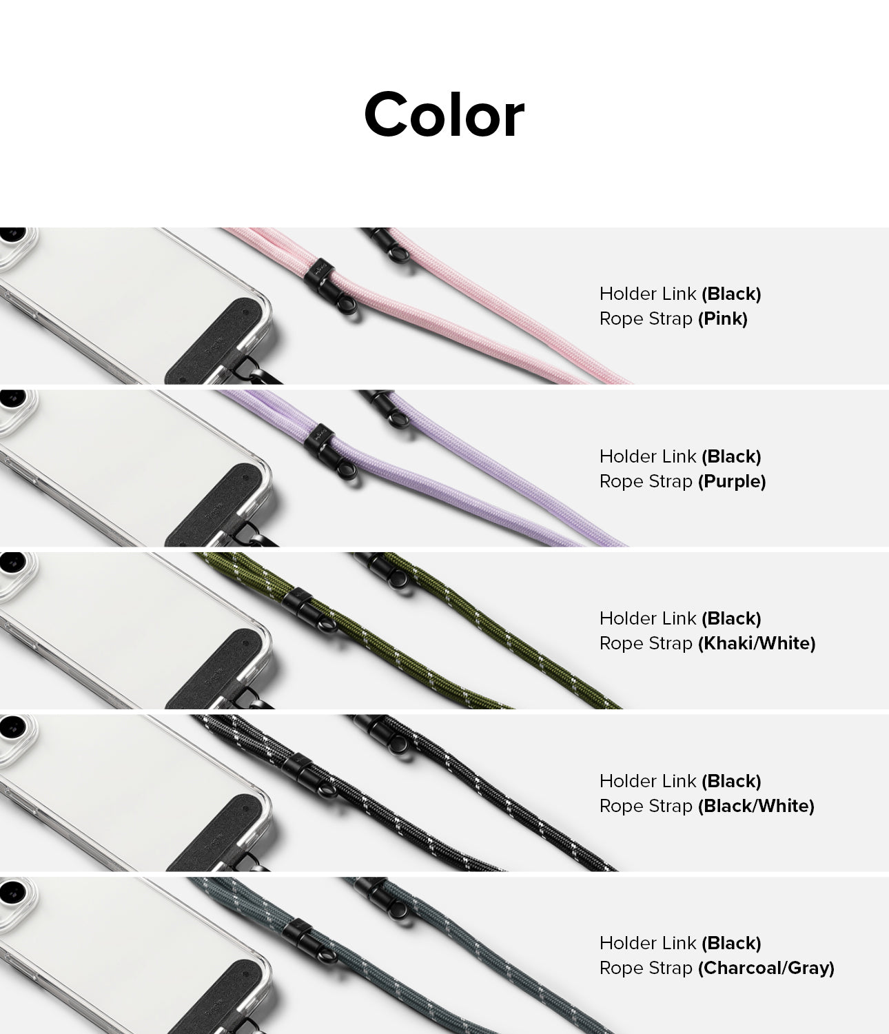 Holder Link Strap | Black - Five rows showing black phone holder links with rope straps in pink, purple, khaki, black, and gray.