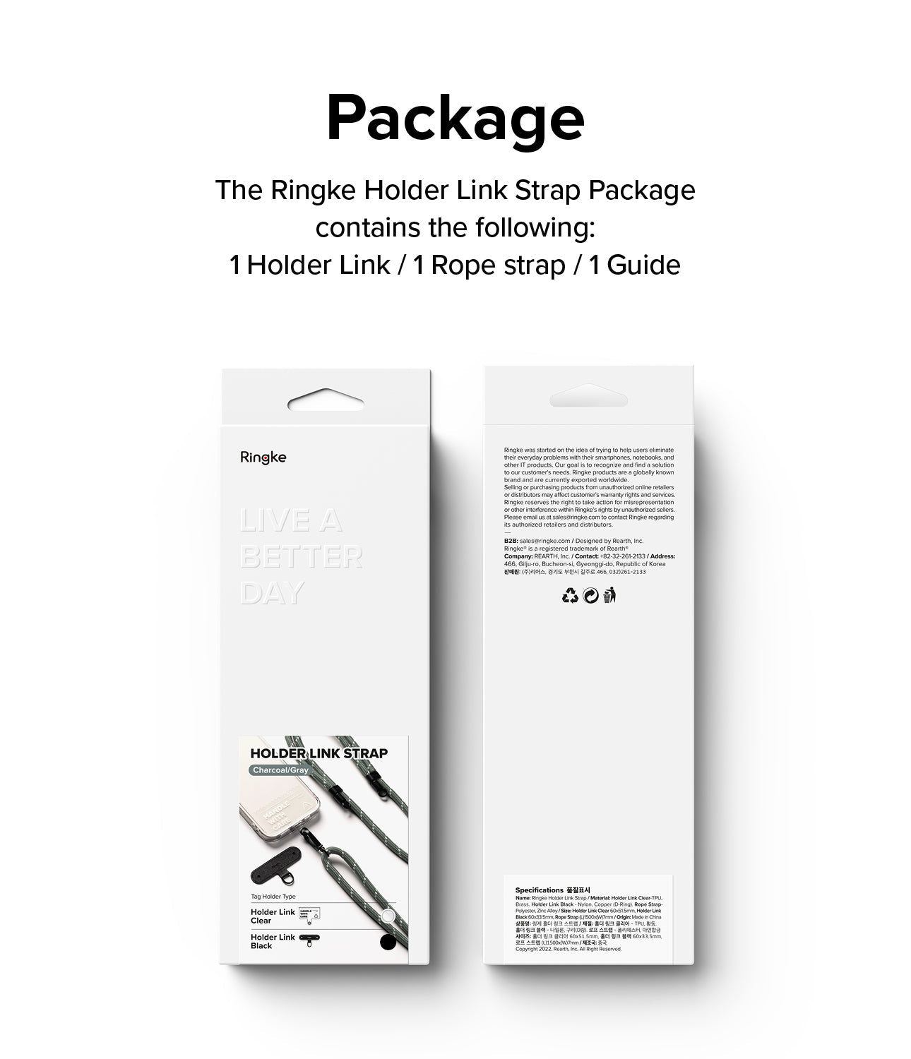 Holder Link Strap | Black - Front and back view of the product packaging with text listing contents and specifications.