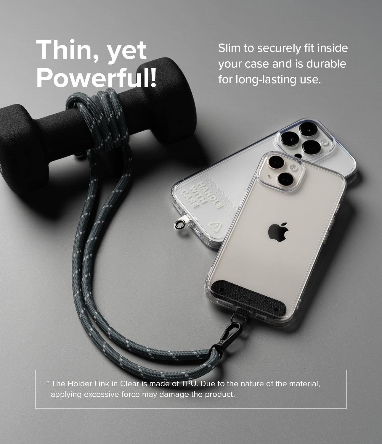 Holder Link Strap | Black - A grey rope strap wrapped around a dumbbell, connected to a clear phone case on a grey surface.