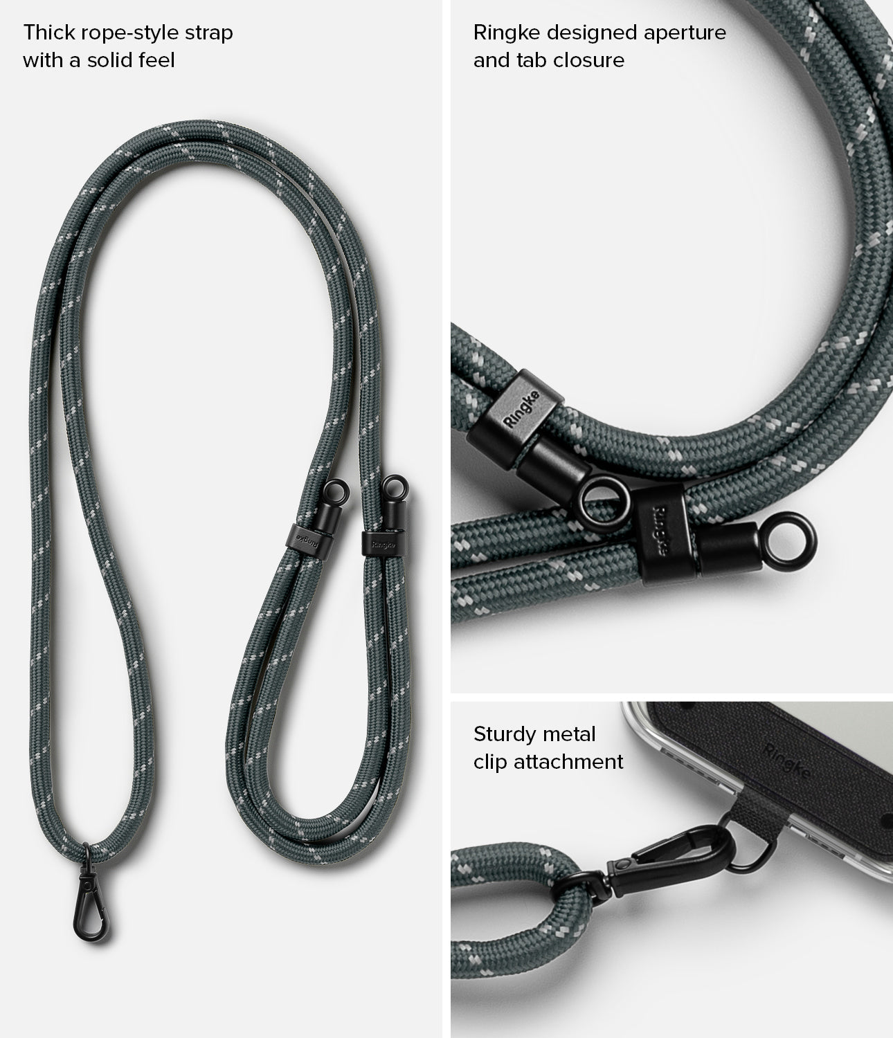 Holder Link Strap | Black - Gray rope-style lanyard with black metal clips, aperture, and tab closure for phone attachment.
