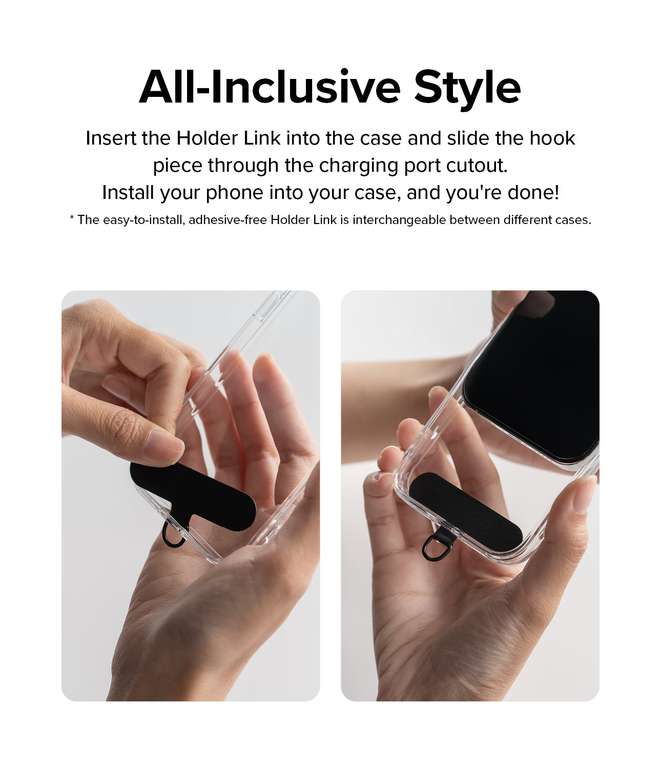 Holder Link Strap | Black - Two hands installing a black phone strap into a clear phone case through the charging port.