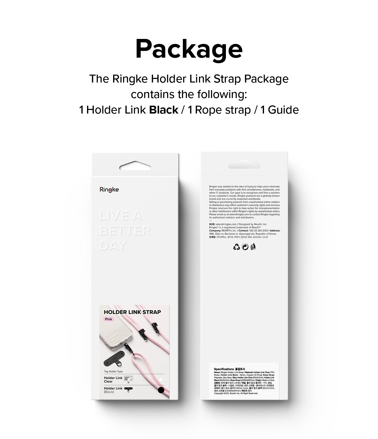 Holder Link Strap | Black - Front and back view of the Ringke product packaging box with text details and strap illustrations.