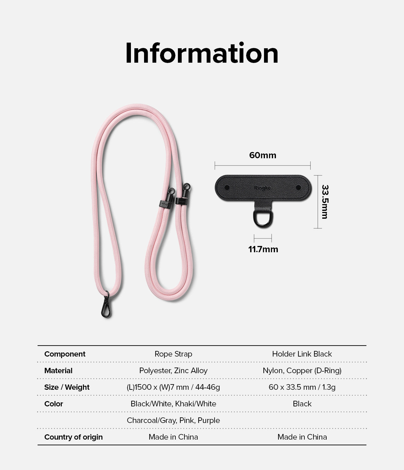 Holder Link Strap | Black - Pink rope strap and black holder link with technical dimensions and material specifications table.