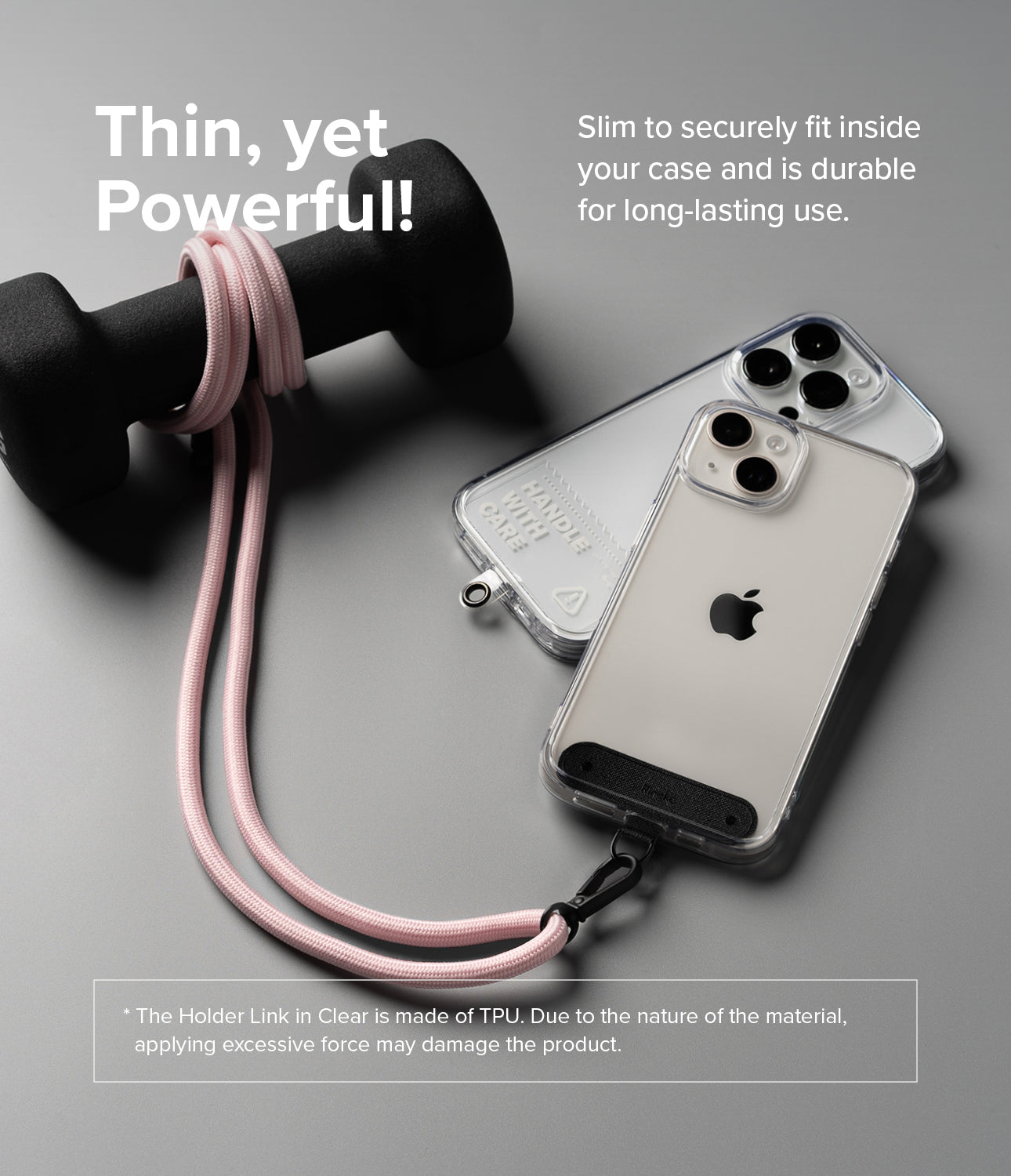 Holder Link Strap | Black - A pink phone strap wrapped around a dumbbell, connected to a clear phone case on a gray background.