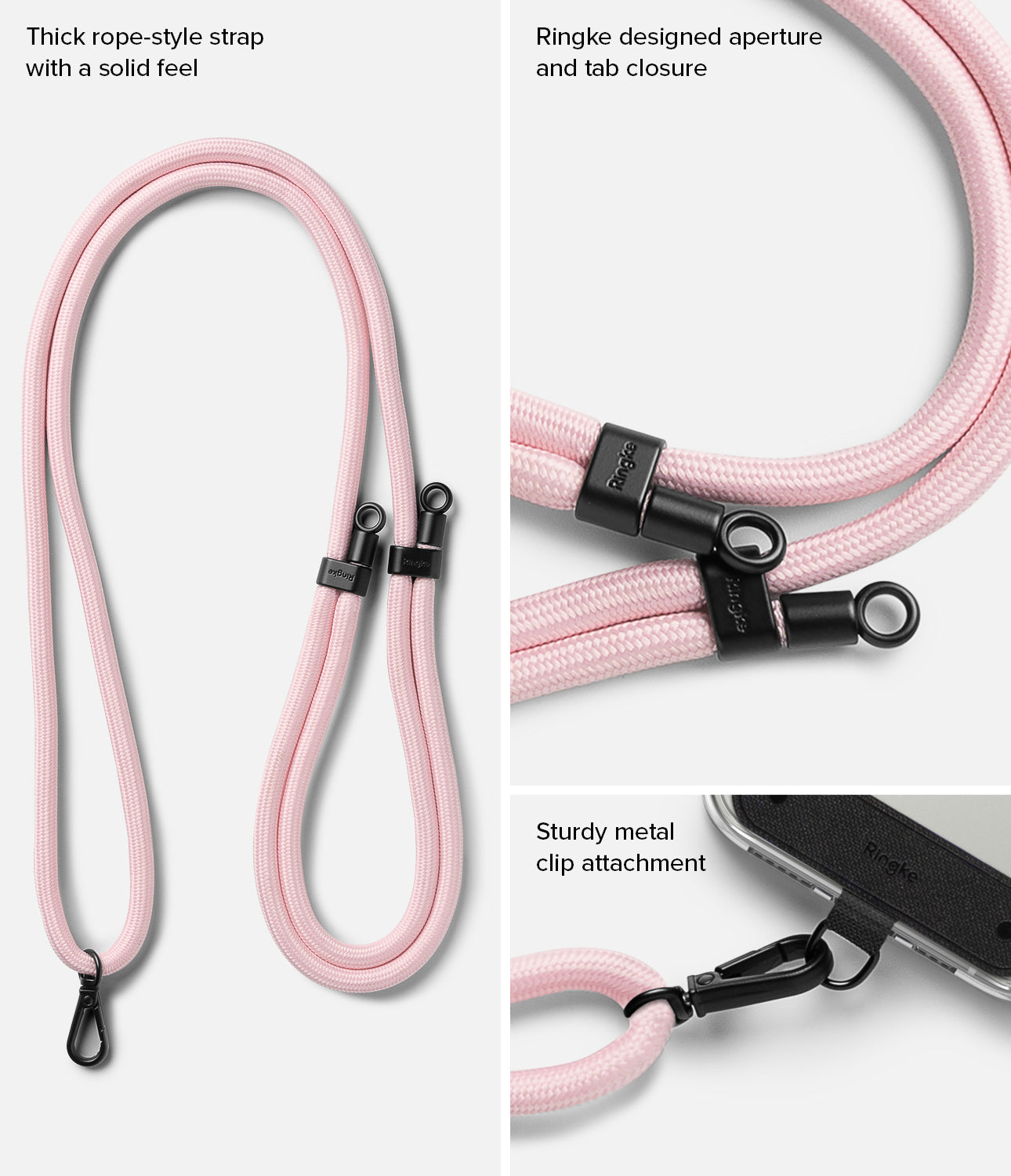Holder Link Strap | Black - Pink rope-style strap with black metal clips, aperture, and tab closure for phone attachment.