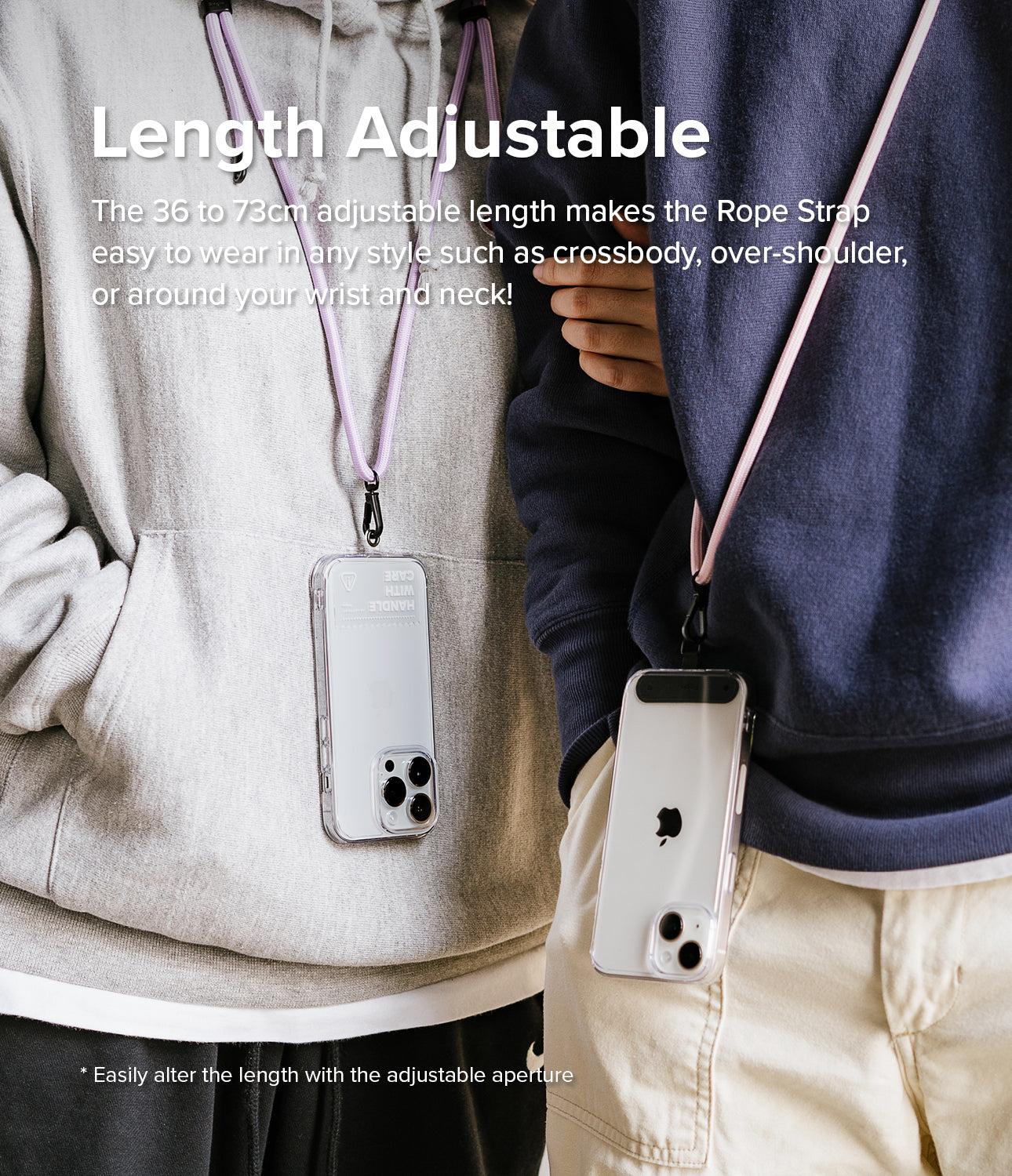 Holder Link Strap | Black - Two people wearing adjustable light pink phone rope straps crossbody over hoodies.